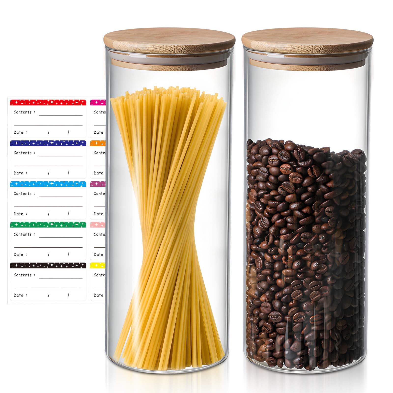 Tarros de Vidrio con Tapa de Bambú, 2 x 2200 ml para Espaguetis de Cristal con Tarros de Almacenamiento con Tapa de Almacenamiento de Comida