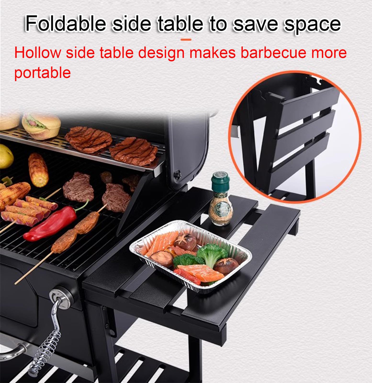 Parrilla Para Exteriores, Carrito Grande Para Barbacoa de Carbón, Parrilla Ahumadora Para Jardín y Patio Trasero con Soporte, Mesa Auxiliar con Ruedas, Termómetro Incorporado