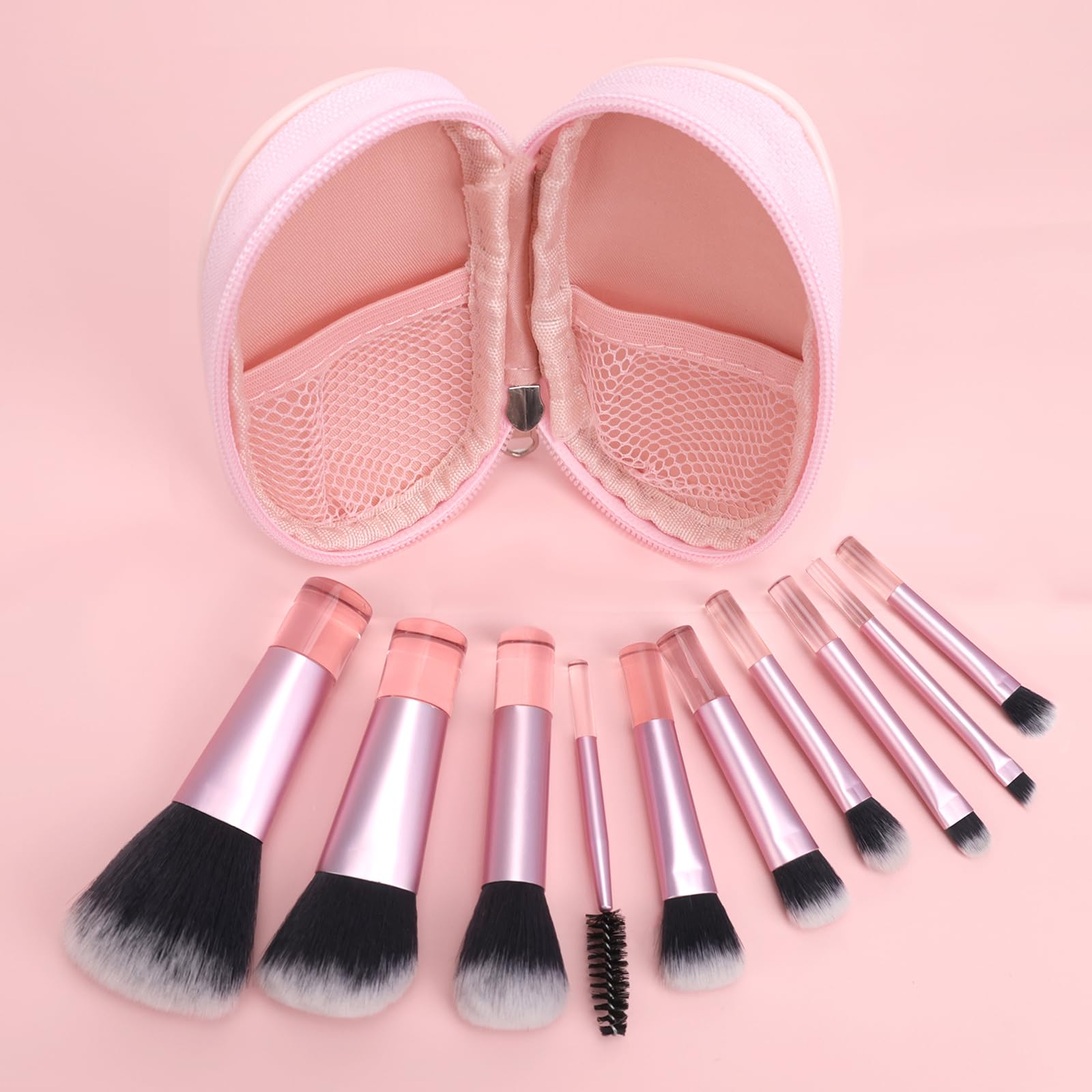 Lot de 10 Pinceaux de Maquillage de Voyage, Mini Pinceau de Maquillage Avec Sac PU, Set de Pinceaux Cosmétiques, Set de Pinceaux de Maquillage Portable (Rose)