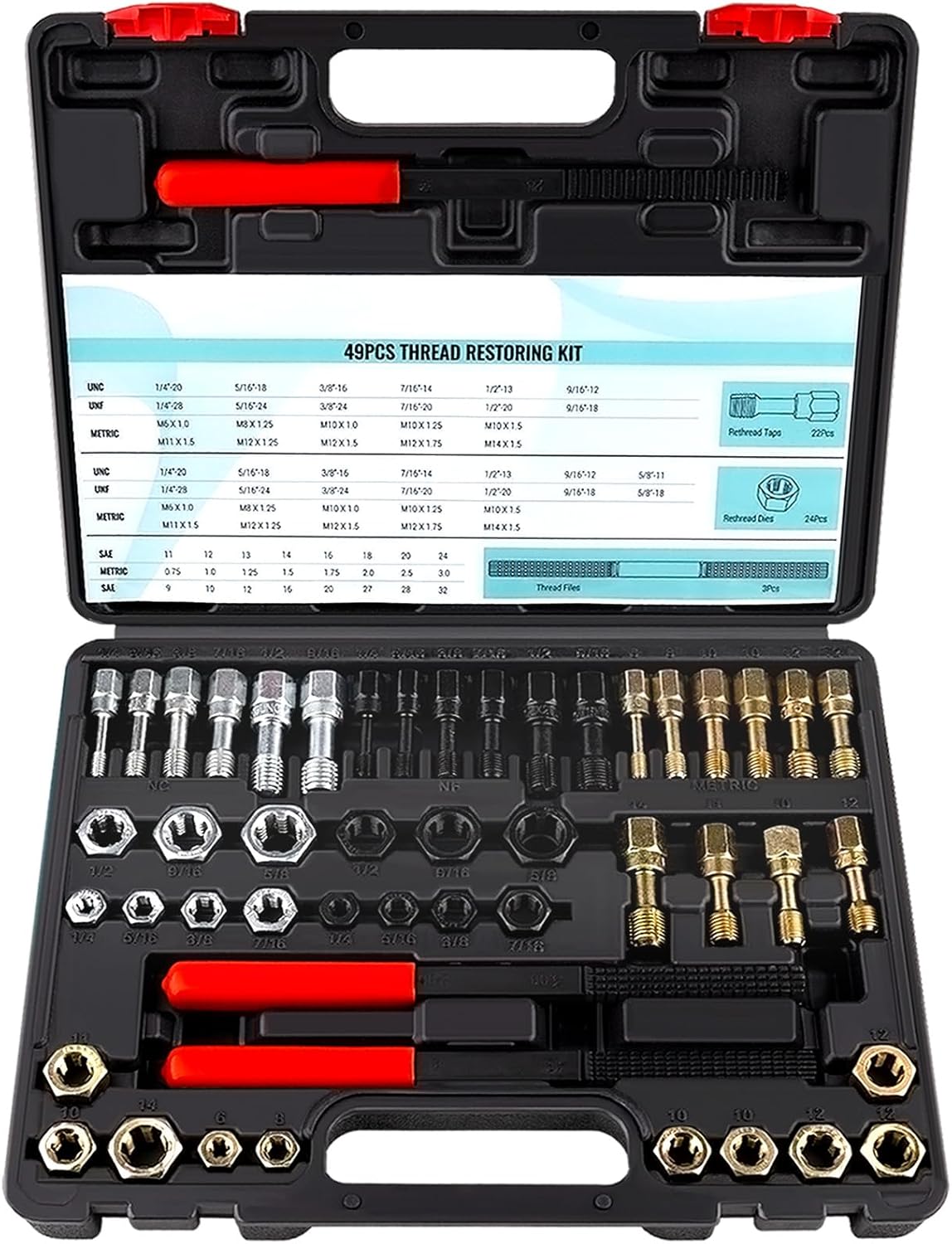 49-Piece Thread Chaser Set, UNC UNF & Metric Thread Repair Kit with Taps, Dies, and Files, Rethread Repair Tool for Bolts, Nuts and Screws