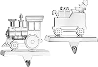Vista 1 de Klikel Juego de 2 colgadores de calcetines de tren – Soporte de metal plateado brillante para calcetines de Navidad para chimenea – Resistente