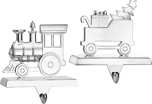 Klikel Juego de 2 colgadores de calcetines de tren  Soporte de metal plateado brillante para calcetines de Navidad para chimenea  Resistente con