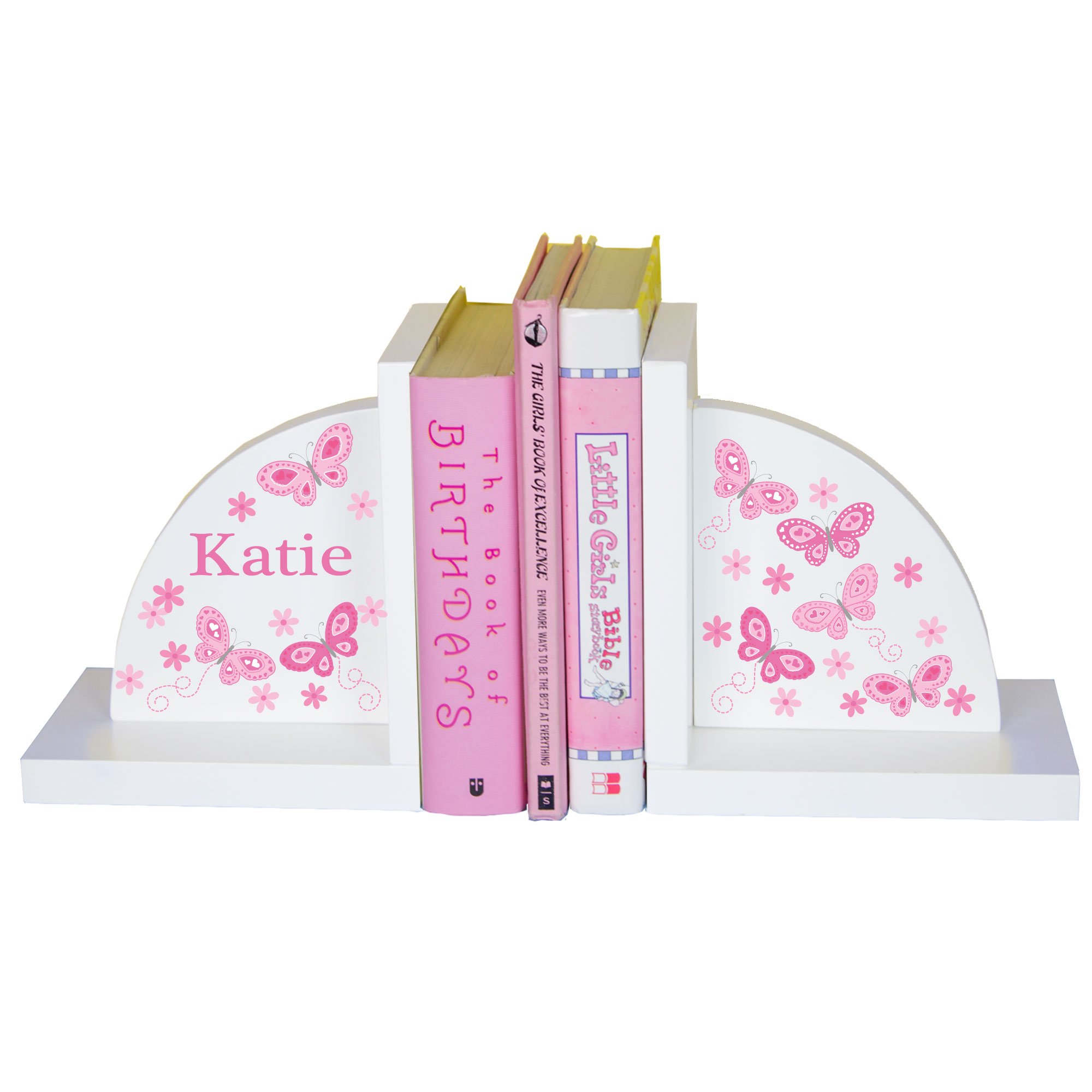 My Bambino Girl's Personalized White Wood Bookends (Pink Butterfly) Butterflies Book Gift Room Decor