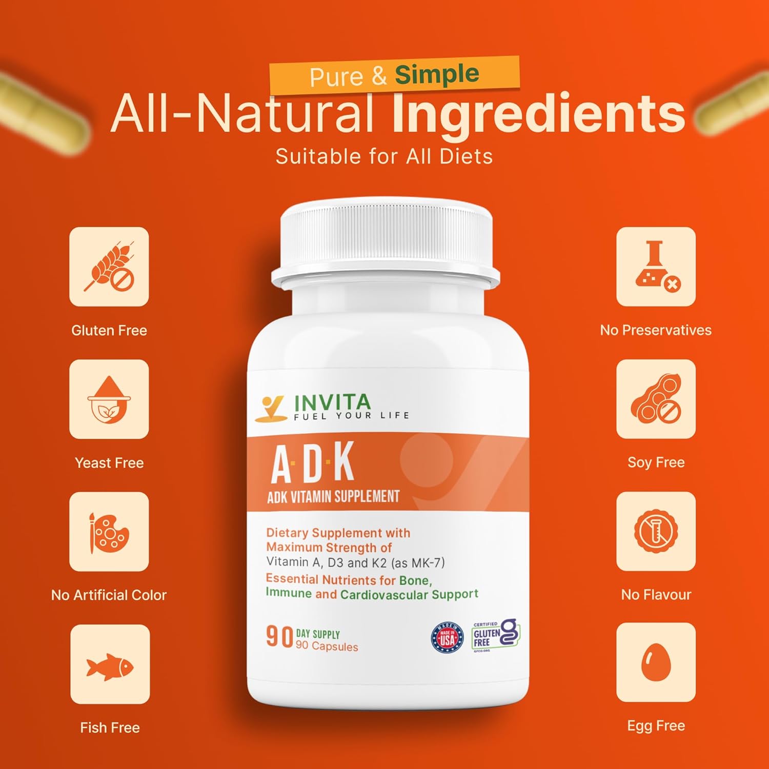 INVITA, ADK Vitamin Supplement – 90 Capsules – High Potency of Vitamin A, D3 5000 IU & K2-MK7 – Physician Formulated for Bone, Heart & Immune Support – Non-GMO, Gluten Free (3-Month Supply)