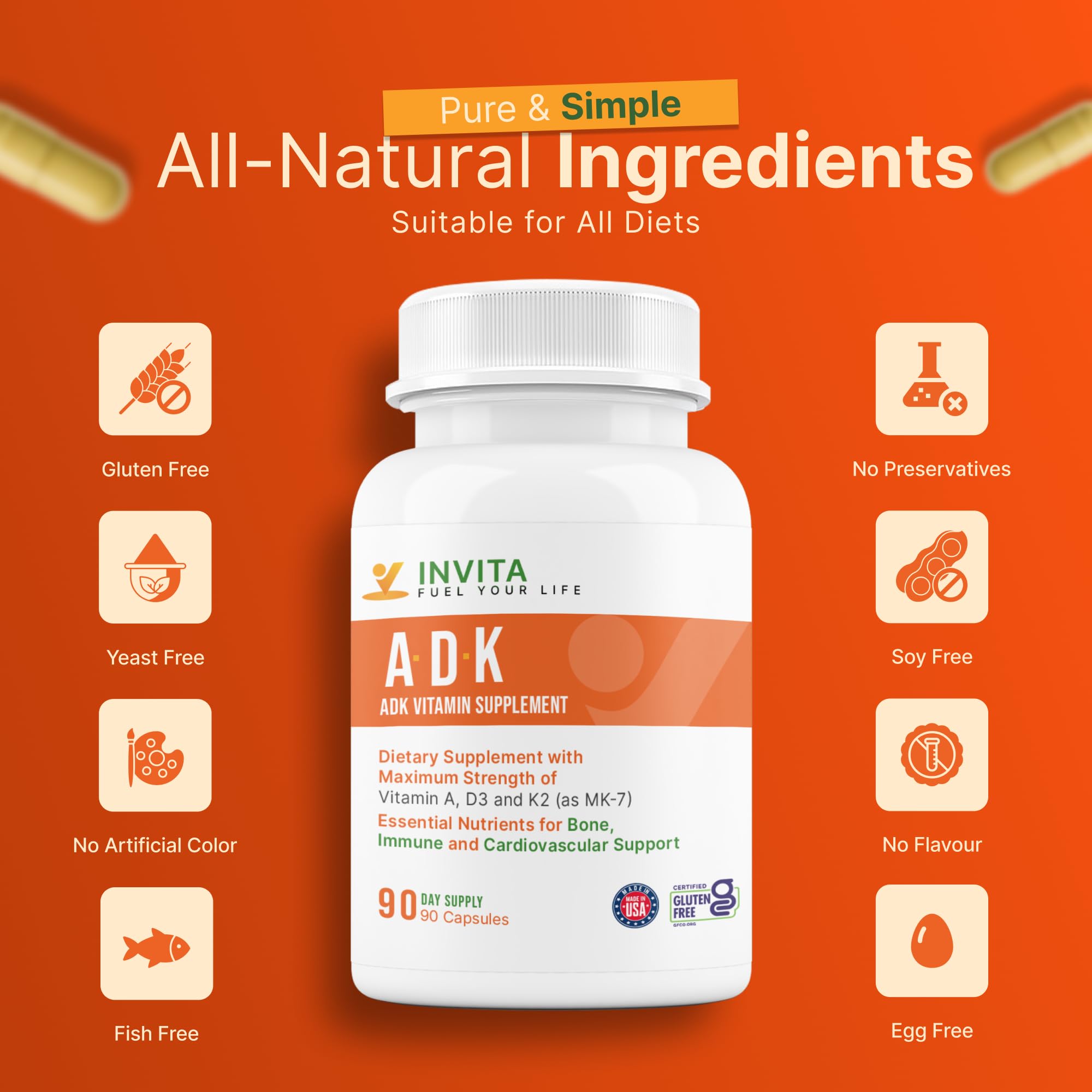 INVITA, ADK Vitamin Supplement – 90 Capsules – High Potency of Vitamin A, D3 5000 IU & K2-MK7 – Physician Formulated for Bone, Heart & Immune Support – Non-GMO, Gluten Free (3-Month Supply) — Amazon image 6