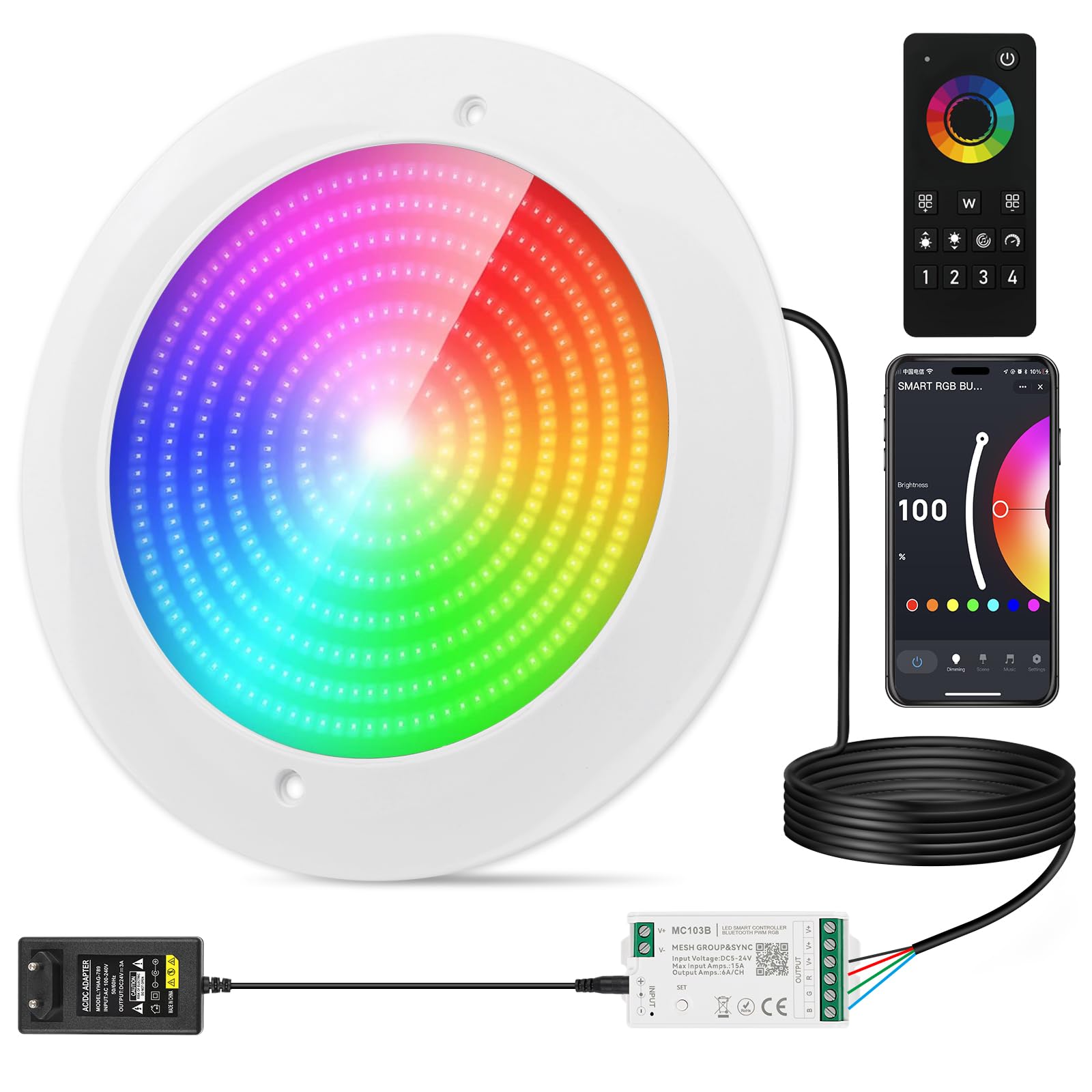 COOLWEST Luce Piscina LED Riempito di Resina, 32W Faretti LED Illuminazione ultrapiatta Multicolore RGB, Luci Piscina con controllo APP/Telecomando, IP68 Impermeabile, 24V DC, Dimmerabile