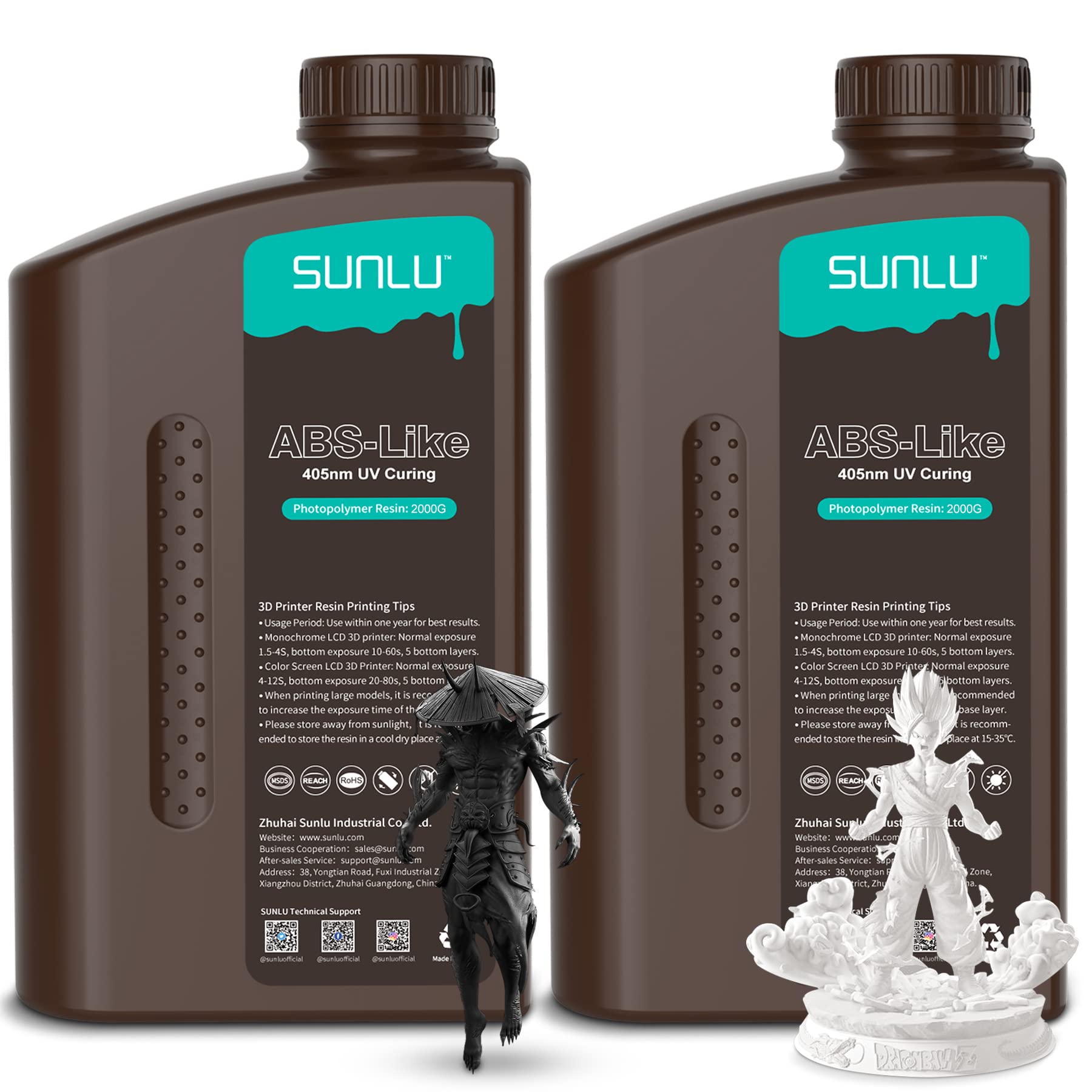 SUNLU2 KG*2 Bottles ABS-Like 3D Printer Resin, 405nm UV Curing Photopolymer Rapid 3D Resin for 4K 8K LCD/DLP/SLA 3D Printers, Non-Brittle & High Precision & Low Shrinkage, 2000g*2, Black& White