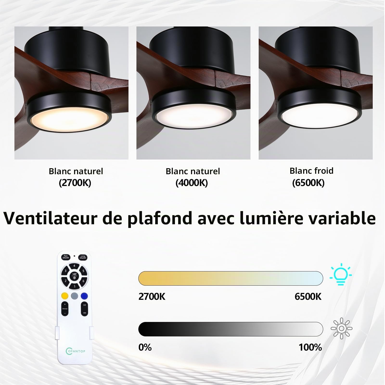 OFANTOP 132CM Ventilateur de plafond en bois avec éclairage et télécommande