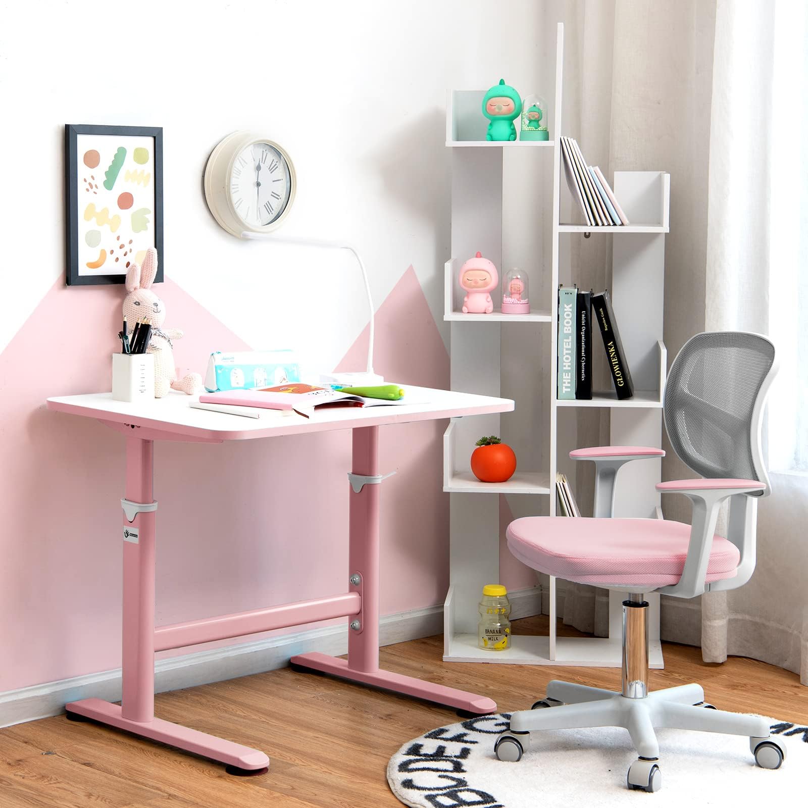 COSTWAY 360° Drehbarer Kinderschreibtischstuhl, Höhenverstellbar 80-91,5 cm, mit Rückenlehne & Armlehnen, 5 Rollen, für Kinder 3-10 Jahre (Rosa)