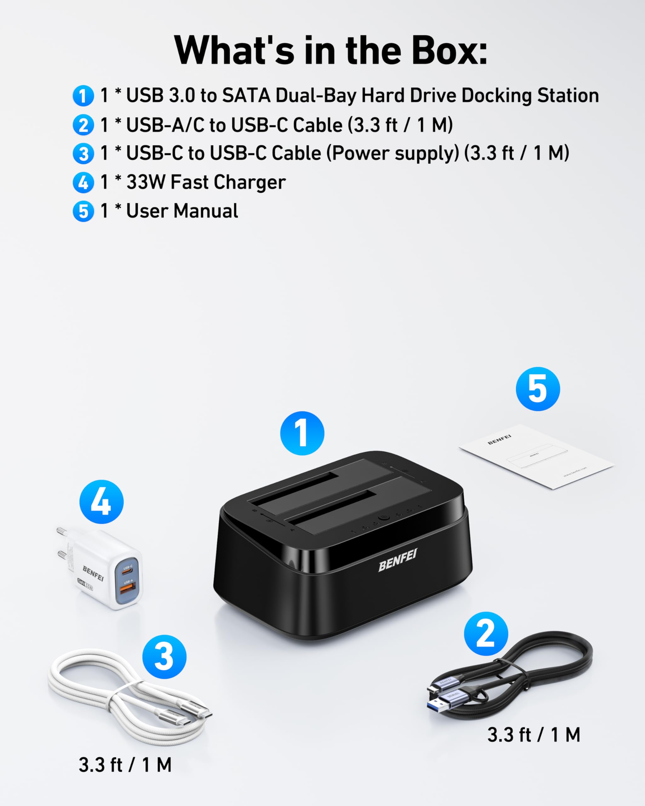 BENFEI Station d'accueil pour Disques Durs avec Fonction de Clonage Hors Ligne UASP, Dock Double Baie USB-C pour HDD/SSD 2.5/3.5", Jusqu'à 5 Gbit/s | Installation sans Outil