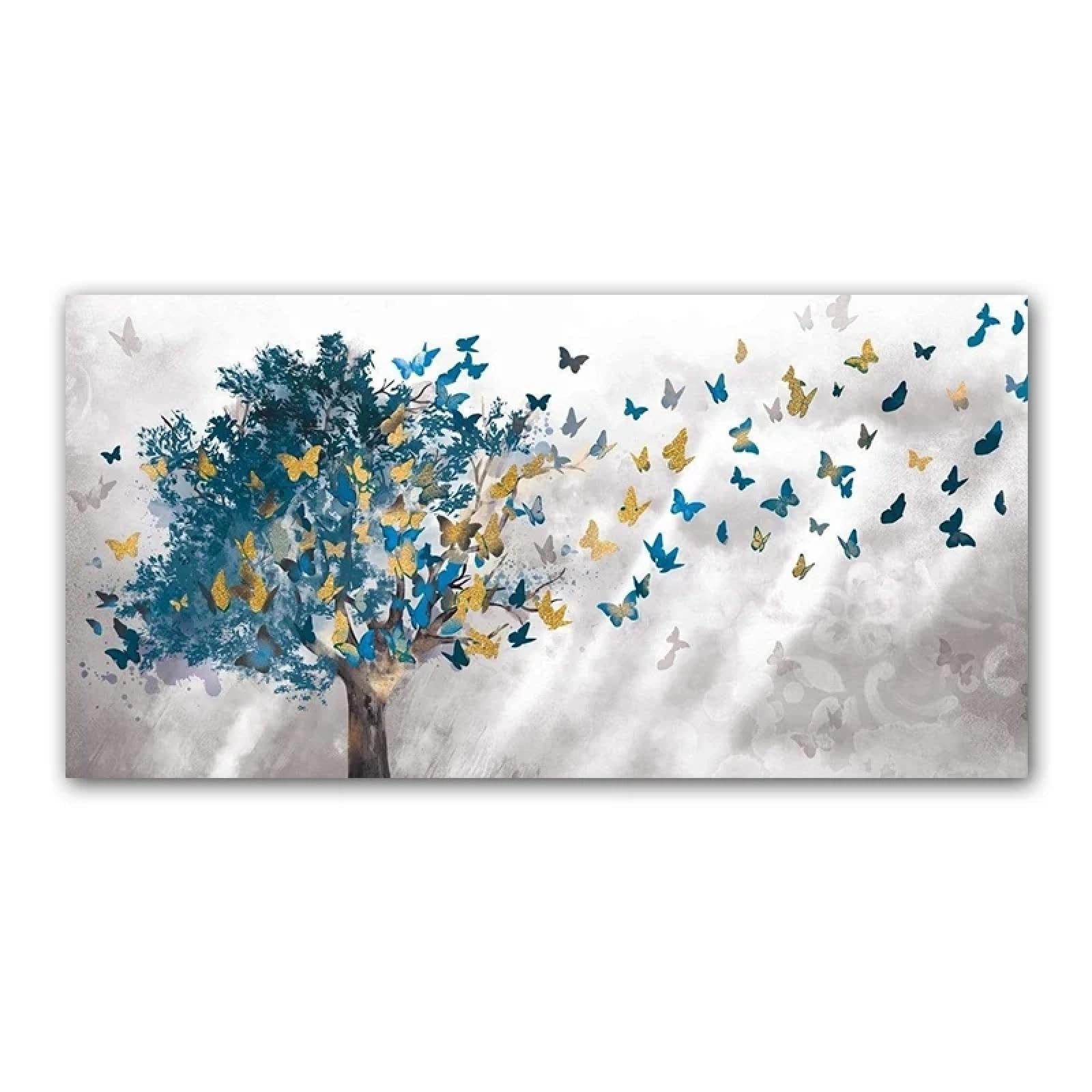 KQZVCU Pintura abstracta en lienzo de hojas de árbol de mariposa, carteles e impresiones artísticos de pared, imágenes para la decoración del hogar de la sala de estar, 40x80cm con marco