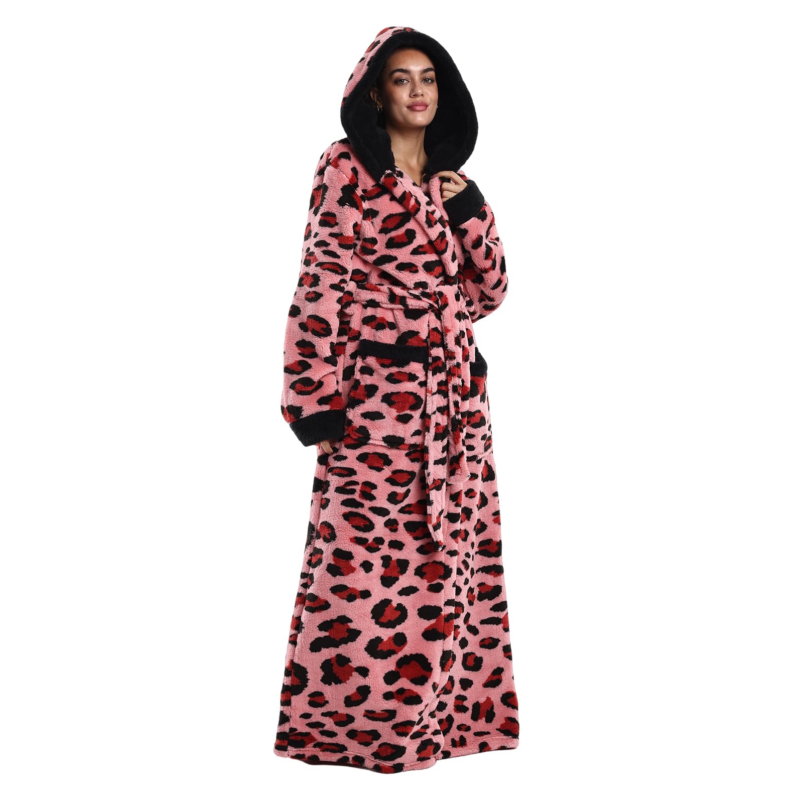 Albornoz Unisex Capucha - Bata Larga de Forro Polar Cálido y Suave, Talla Única con 2 Bolsillos y Cinturón Ajustable, para Baño, Spa, Hogar