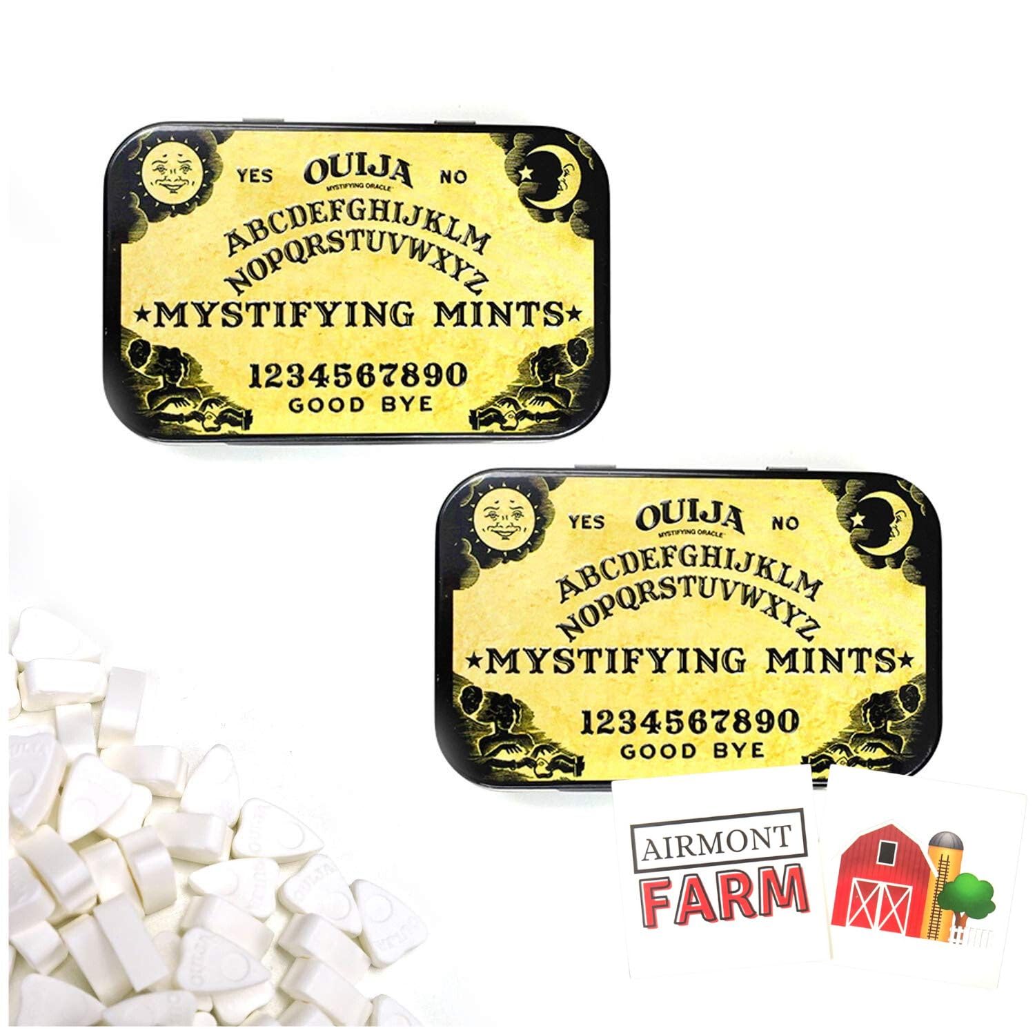 Mystifying Mints Ouija Board Tin with Planchette Shapped Mints (2 Pack) with 2 Collectible Stickers