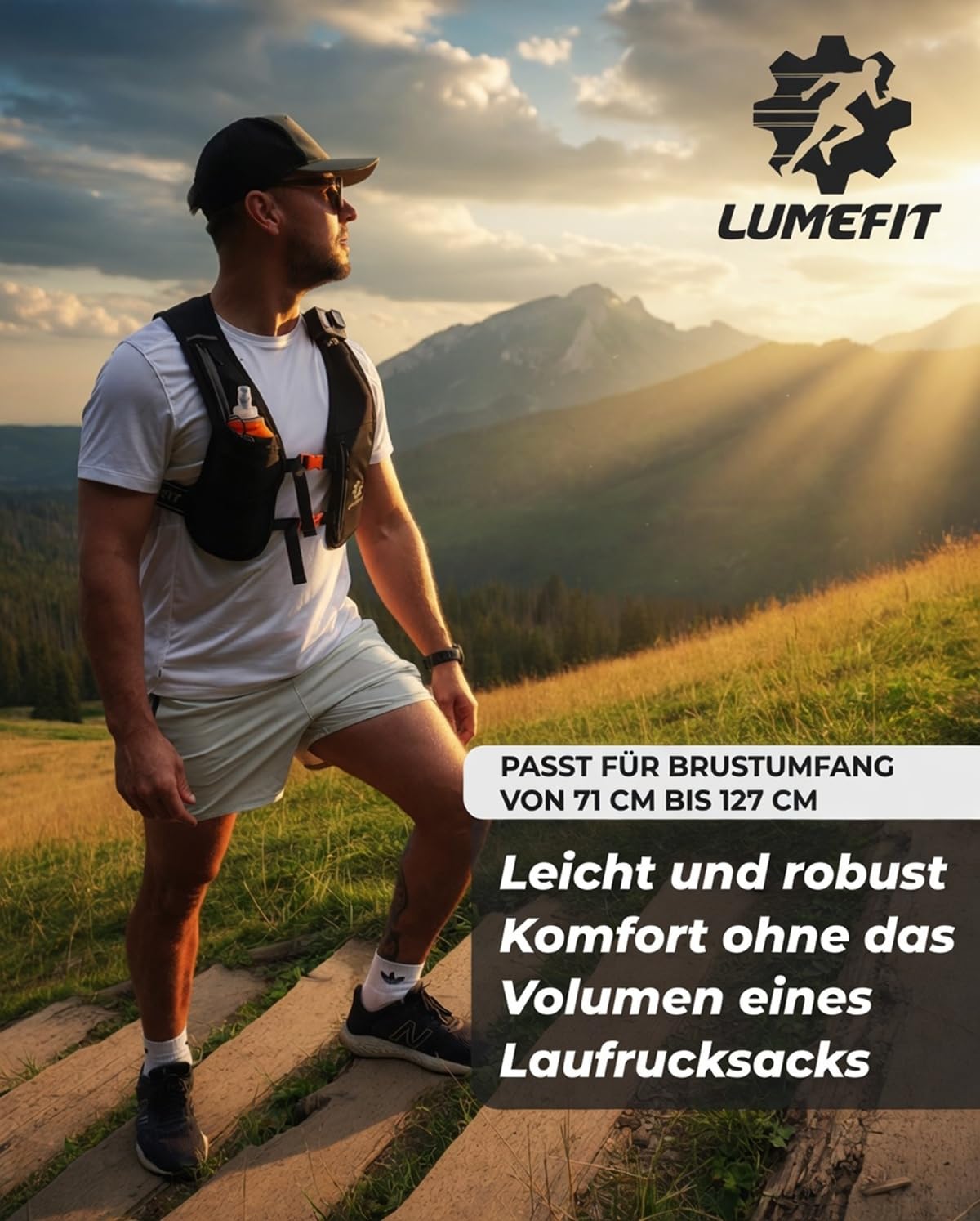 LUMEFIT Laufweste für Damen & Herren inkl. 500ml Trinkflasche - Trinkrucksack zum Laufen und Joggen Atmungsaktiv & Reflektierend - Laufrucksack Weste | Trinkweste Rucksack | Running Vest