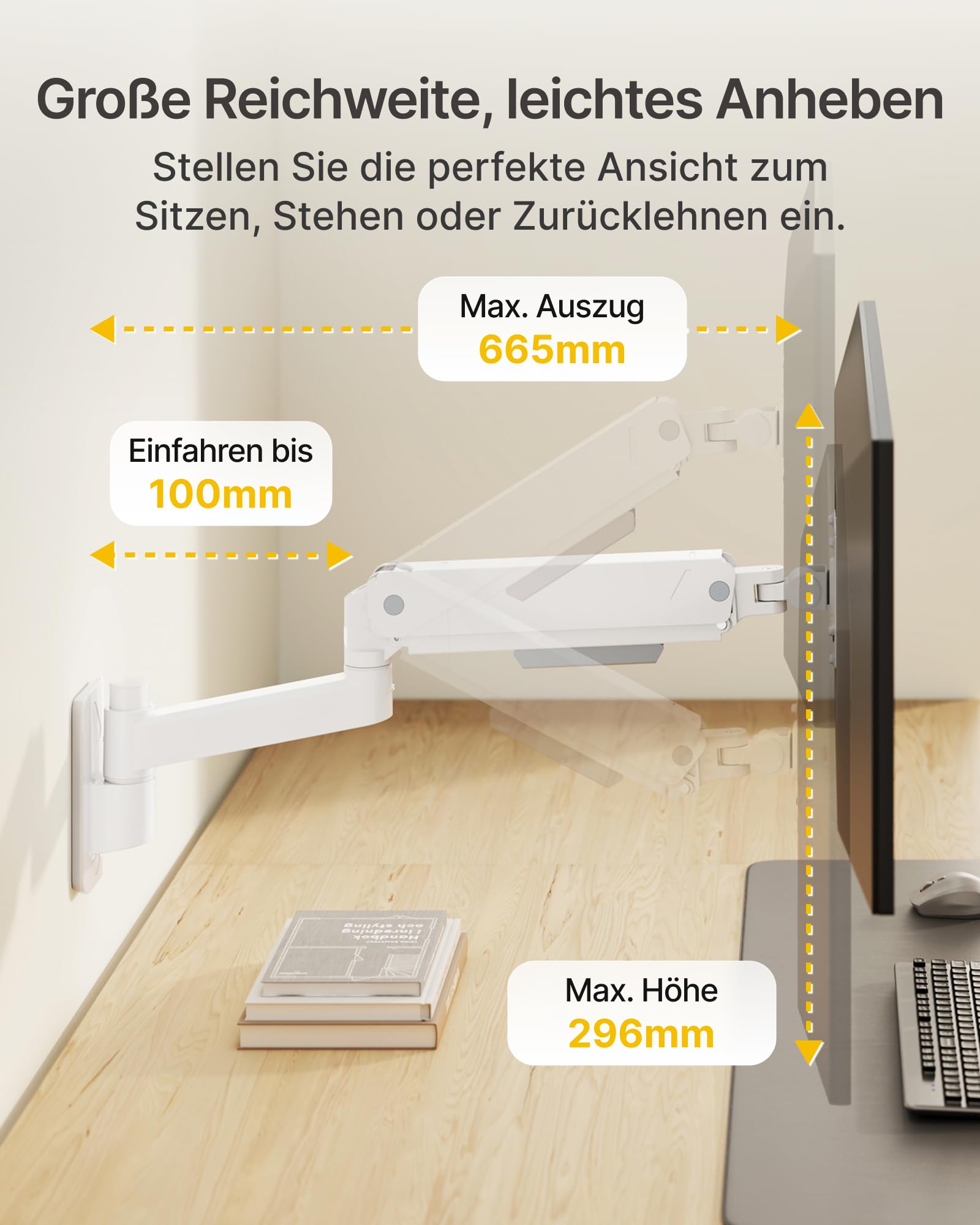 monTEK Monitor Wandhalterung 17-45 Zoll, Weiß | Bis 16 kg, Neigbar Schwenkbar Drehbar, Höhenverstellbar Full Motion, VESA 75x75/100x100 mm