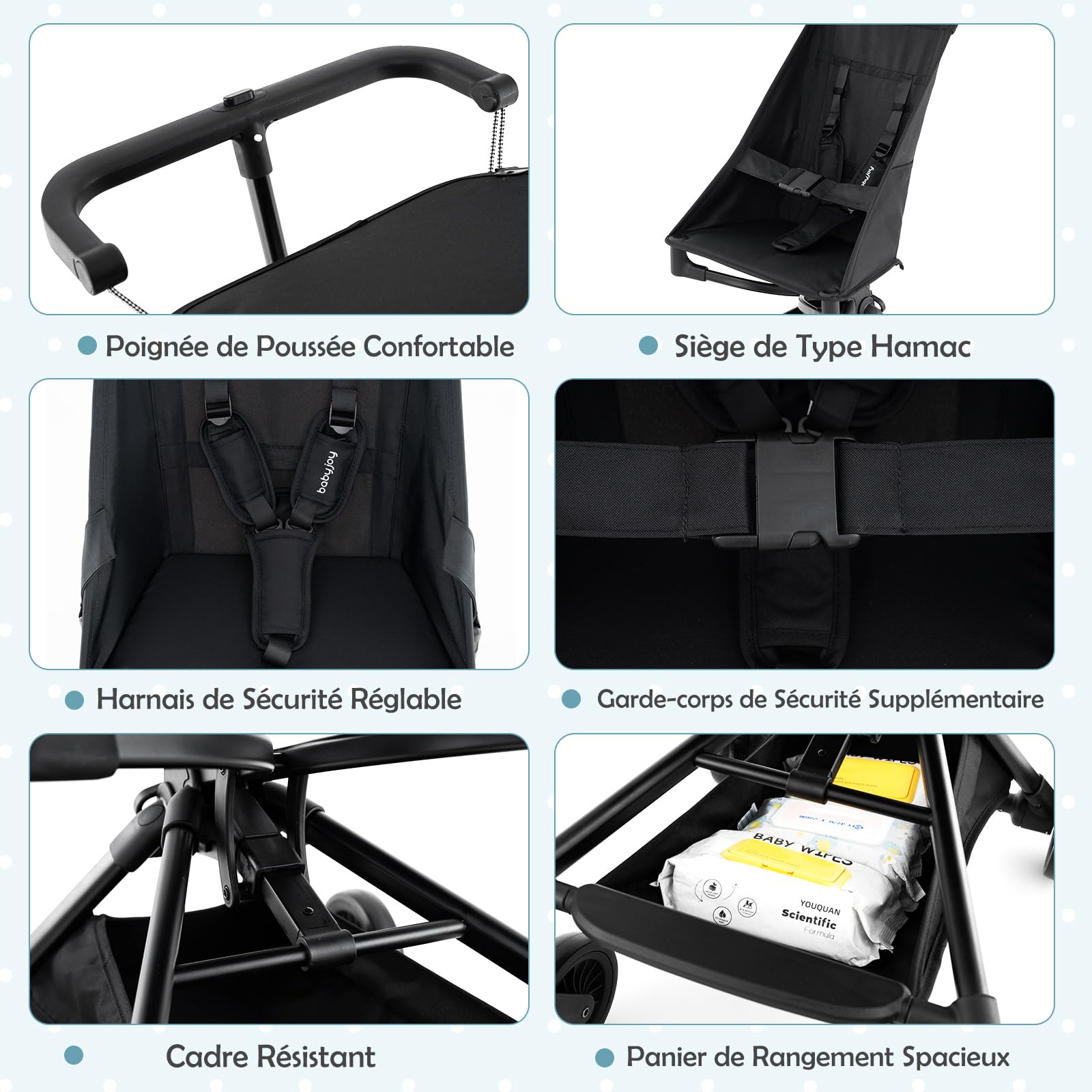 COSTWAY Poussette Canne Bébé avec Canopy Ajustable & Siège Hamac, Poussette Compacte et Légère Pliable avec Panier Inférieur & Roues Tout-Terrain en EVA pour Bébé de 6 Mois+, Noir