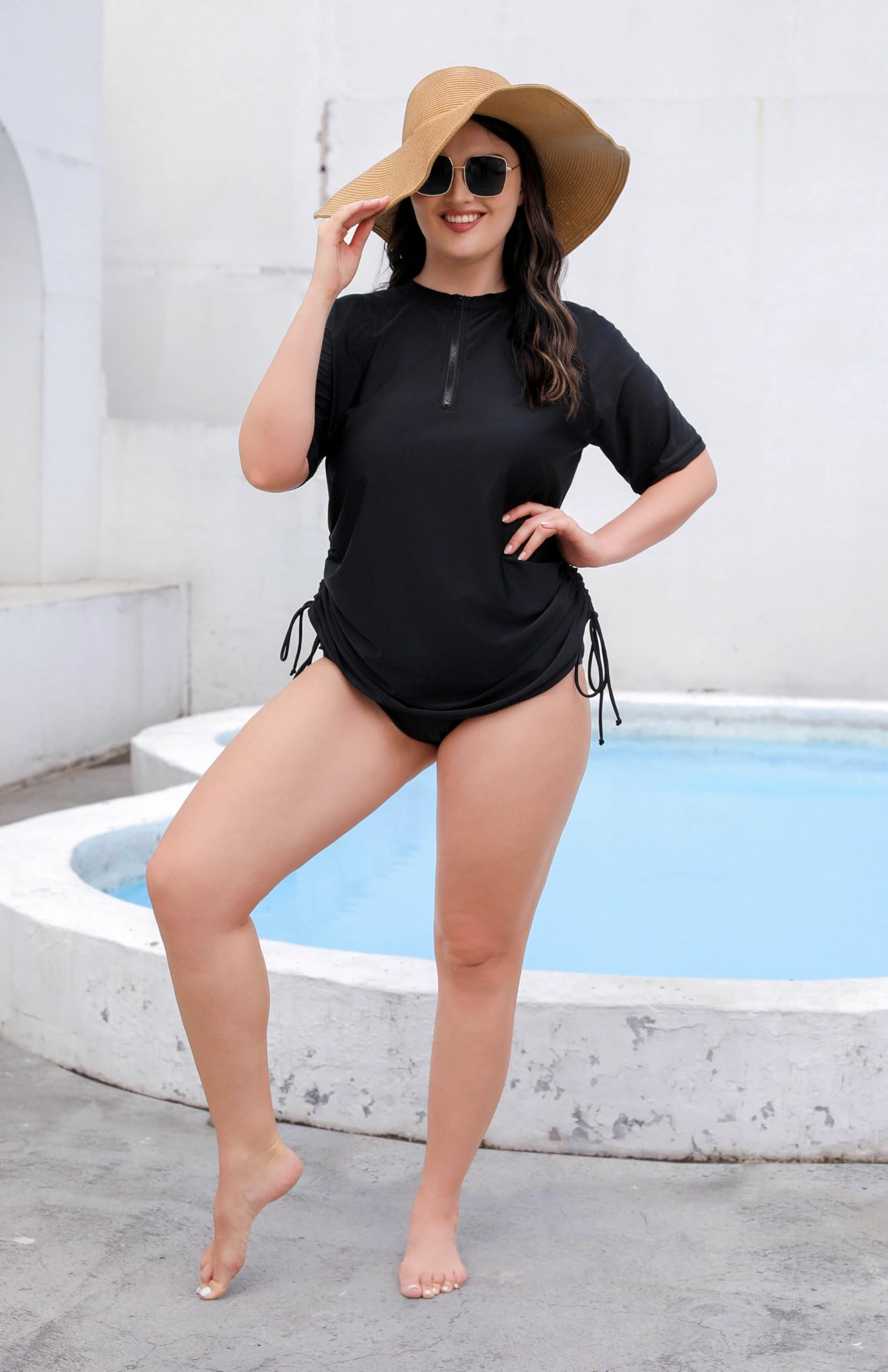 Halcurt Camiseta de natación para Mujer, Talla Grande, con protección UV, Manga Corta, Negro (Negro 3), XL Große Größen
