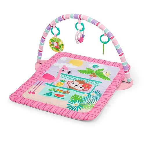 Bright Starts Pink Palms Tiki-Toy Bar Baby Activity Gym & Tummy Time Mat con barra de juguetes y 3 juguetes, recién nacido a 3 años