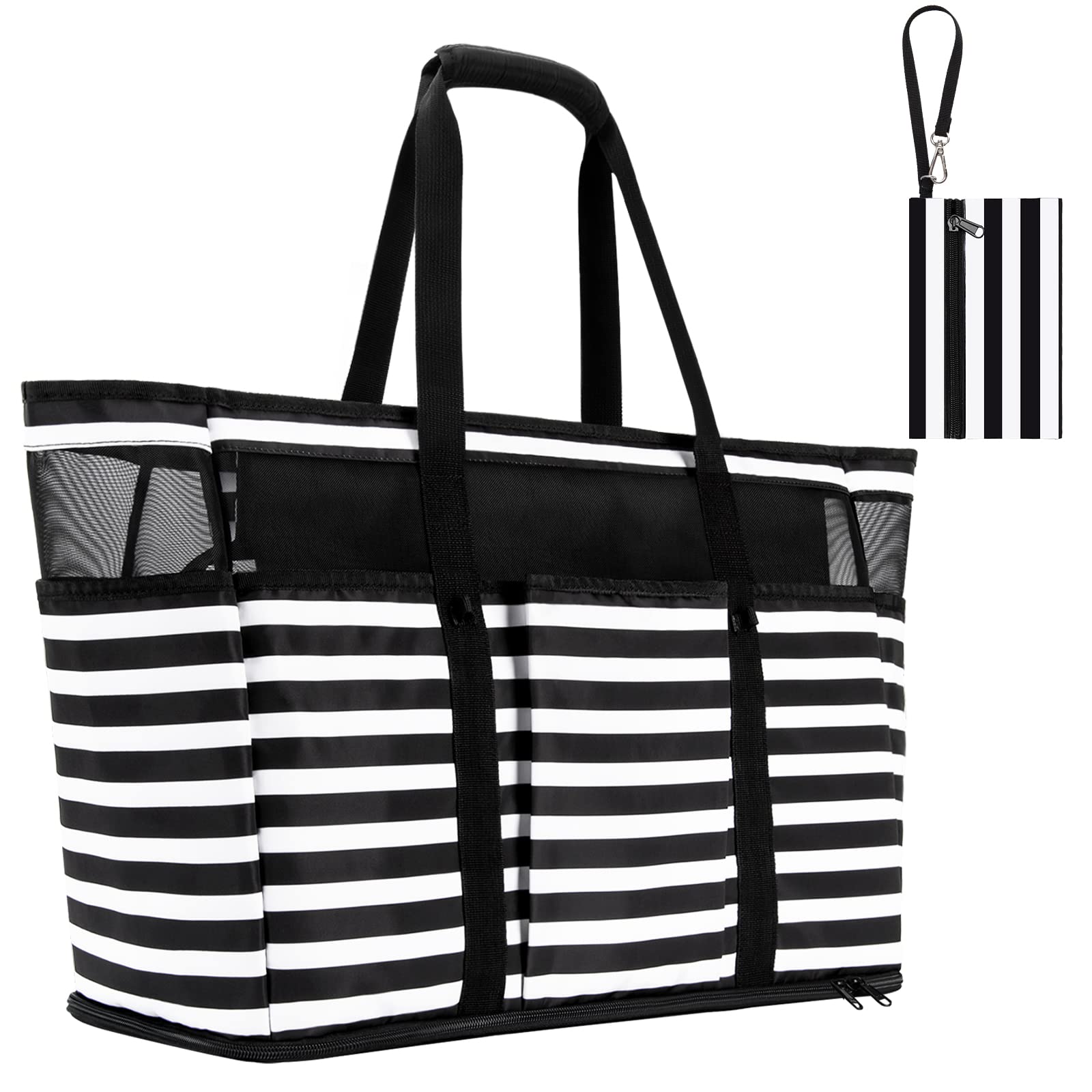 TEUEN Bolsa Playa Grande XXL Familiar, Ligero Bolso Malla Mujer de Hombro Impermeable Antiarena con Cremallera Multi Bolsillos Bolso Tote de Nailon para Picnic,Vacaciones,Compras,Trabajo,Viaje