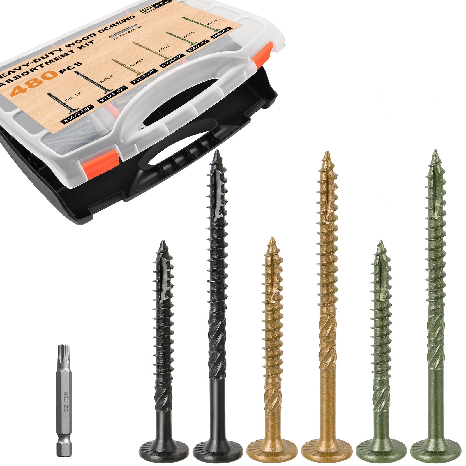 Photo 1 of #14 Heavy-Duty Wood Screws Assortment Kit, 480Pcs Star Drive Decking Wood Screws, Rust Resistant Timber Screws for Log/Landscaping Wood (2-7/8",4-1/2") Black, Tan, Green