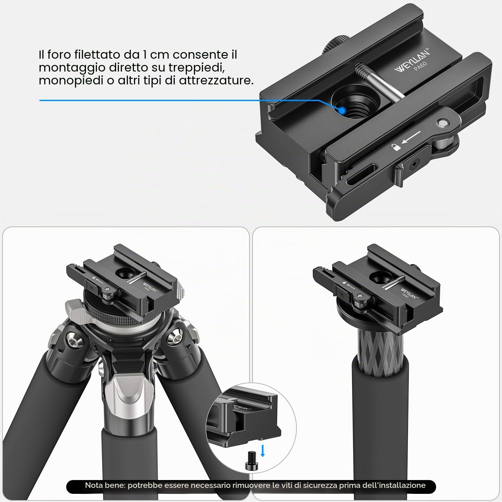 WEYLLAN ARCA to Picatinny Adapter con Leva di Rilascio, Picatinny to Arca Adapter, Con Attacco a Coda di Rondine Standard Arca Swiss e Foro di Montaggio per Cinghia QD, Compatibile con Testa a Sfera
