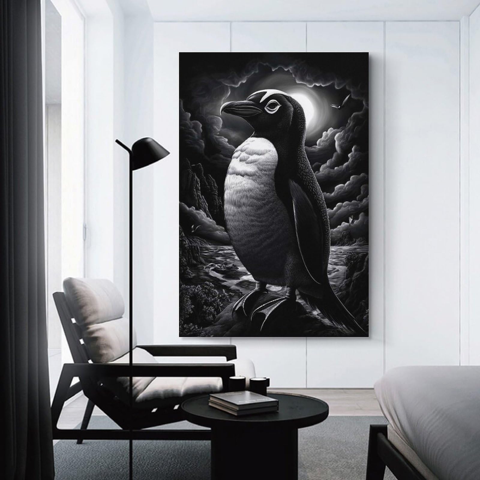 Junmoney Penguin Under Moonlight Canvas Art Print, 24x36inch(60x90cm), for Wall Displays, Bedrooms Or Room Updates, Home Wall Art for Statement Displays