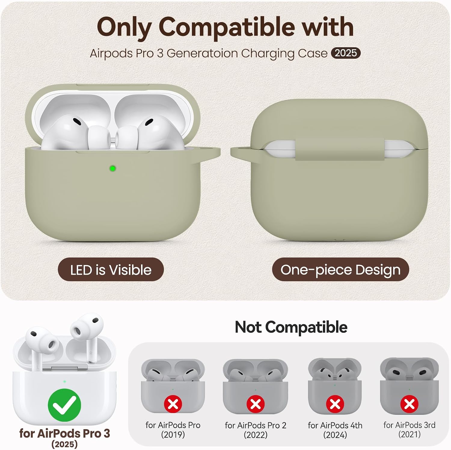 for AirPods Pro 3 Case (2025),Soft Silicone Protective Cover Compatible with Apple AirPods Pro 3rd Generation Case with Cleaning Kit for Women Men,Air pods Pro Accessories with Keychain,Khaki image 2