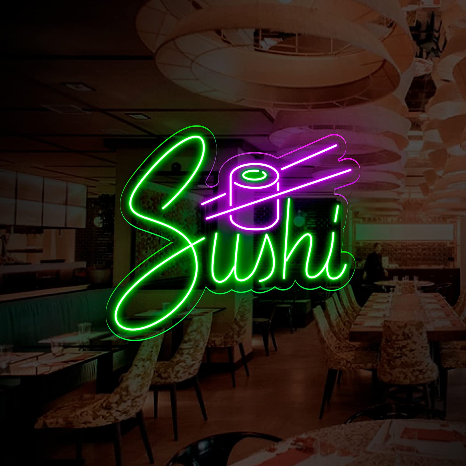 Neon Luces Pared Carteles Letrero Comida Restaurante Feliz -55cm - Personalizable - Multi modelos para elegir - Con Mando a la Distancia- Interior (Neón para Restaurante de Sushi)