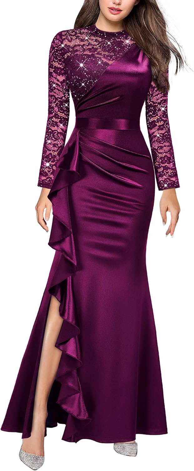 Miusol Women's Vintage Lace Contrast Satin Design Ruched Ruffle Formal Evening Maxi Dress