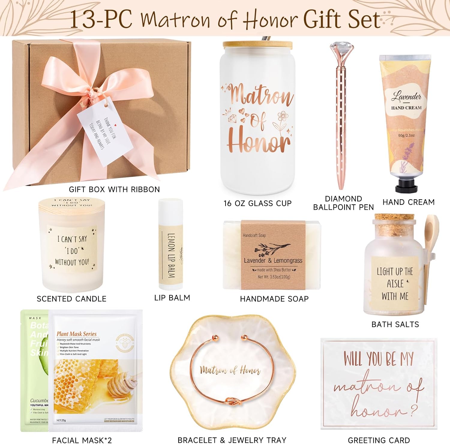 12 PCS Matron of Honor Proposal Gifts, Will You Be My Matron of Honor Proposal Box Set, Bridesmaid Proposal Gifts, Wedding Party Spa Self Care Gift Box with Glass Cup, Candle & Card