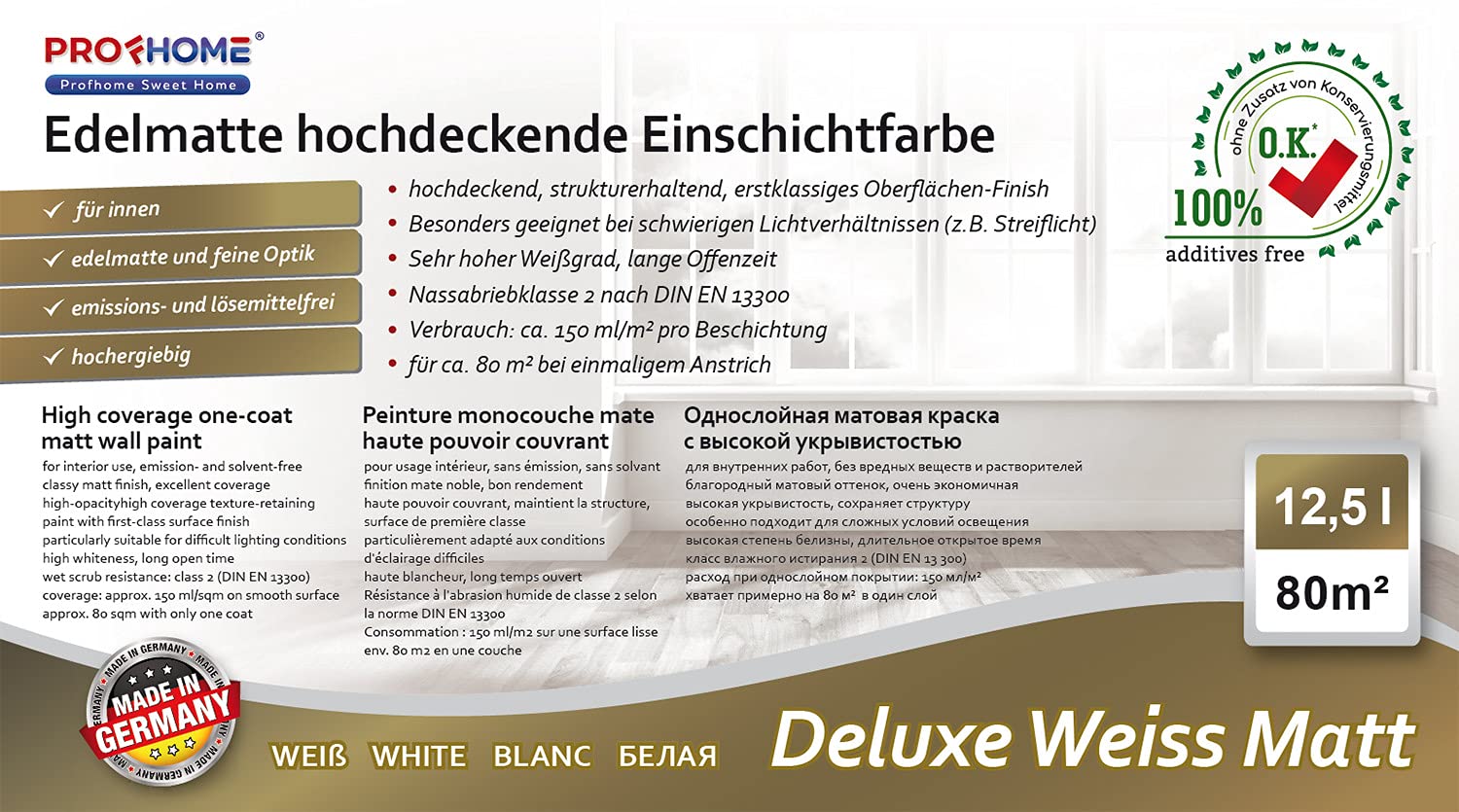 Profhome Wandfarbe Deluxe Weiß Matt 12,5L – Einschichtfarbe hochdeckend Klasse 1 Nassabrieb Klasse 2 DIN EN 13300 – Innenfarbe konservierungsmittelfrei emissionsarm gegen Streiflicht weiß ca. 80m²