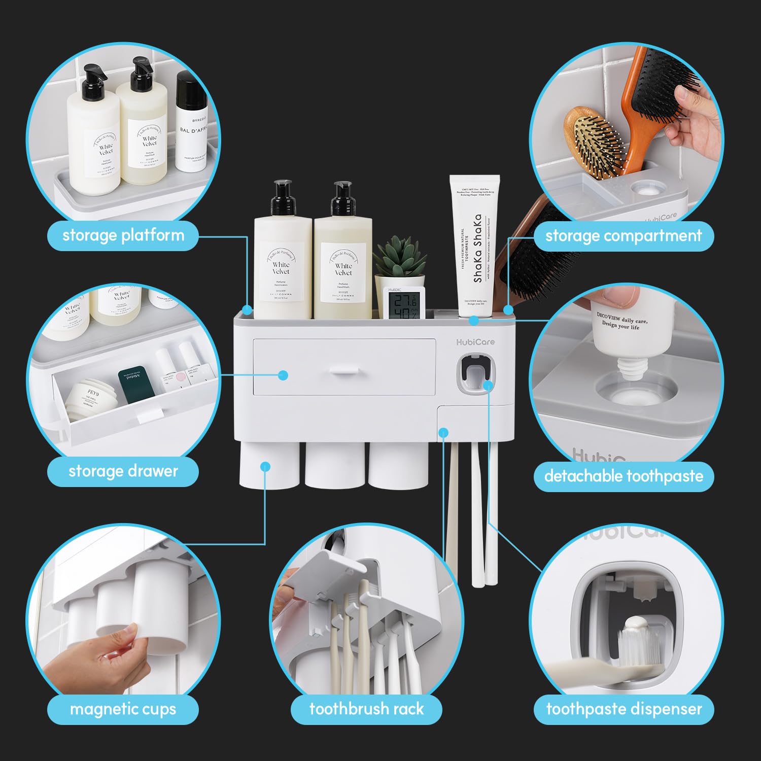 HubiCare - Portaspazzolino con dispenser per dentifricio, montaggio a parete, per bagno, spremi dentifricio, organizzazione e conservazione del bagno, 5 scomparti per spazzolini (3 tazze)