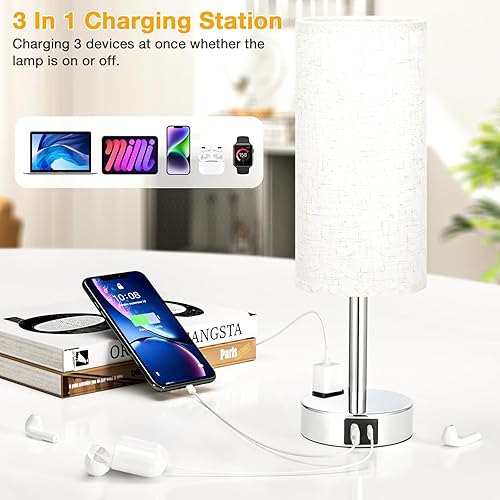 Miniatura 10 de Juego de lámparas blancas para dormitorio, lámparas de mesa táctiles regulables de 2 a 3 vías con puertos USB C y A, lámparas de noche para mesita