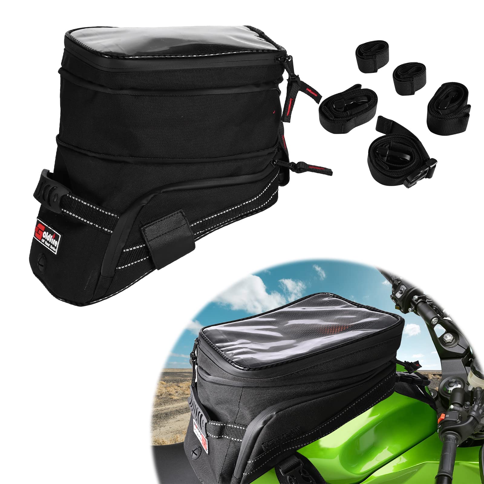 Hutexico Motorcycle Tank Bag, 1680D Oxford Water Resistant Gas Oil Fuel Tank Bag Touch Screen Phone Pouch Universal For Harley Yamaha Suzuki Kawasaki with Fastening Straps Non-slip Pad (Black)