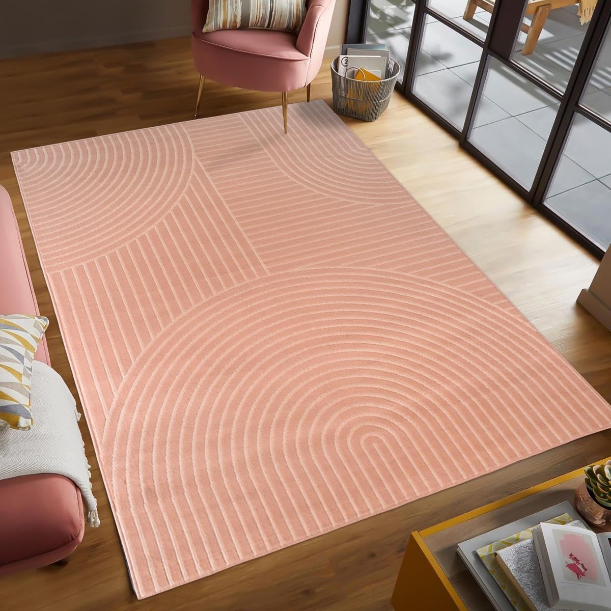 Tapis Salle À Manger, 160 X 225 Cm, Motif Géométrique Rose, Poils Ras Tissé Belgique, Style Moderne Graphique pour Ambiance Accueillante, 12070