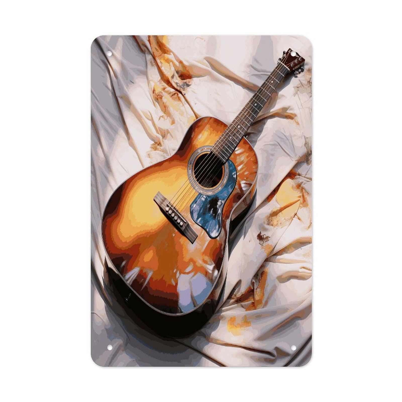 LDGSUPH Watercolor Acoustic Guitar Wall Art Prints Folded Edge Iron Sheet Painting with Holes for Wall Prints Decorative Picture Metal Signboard Decor Painting for Outdoor Indoor Wall Decor