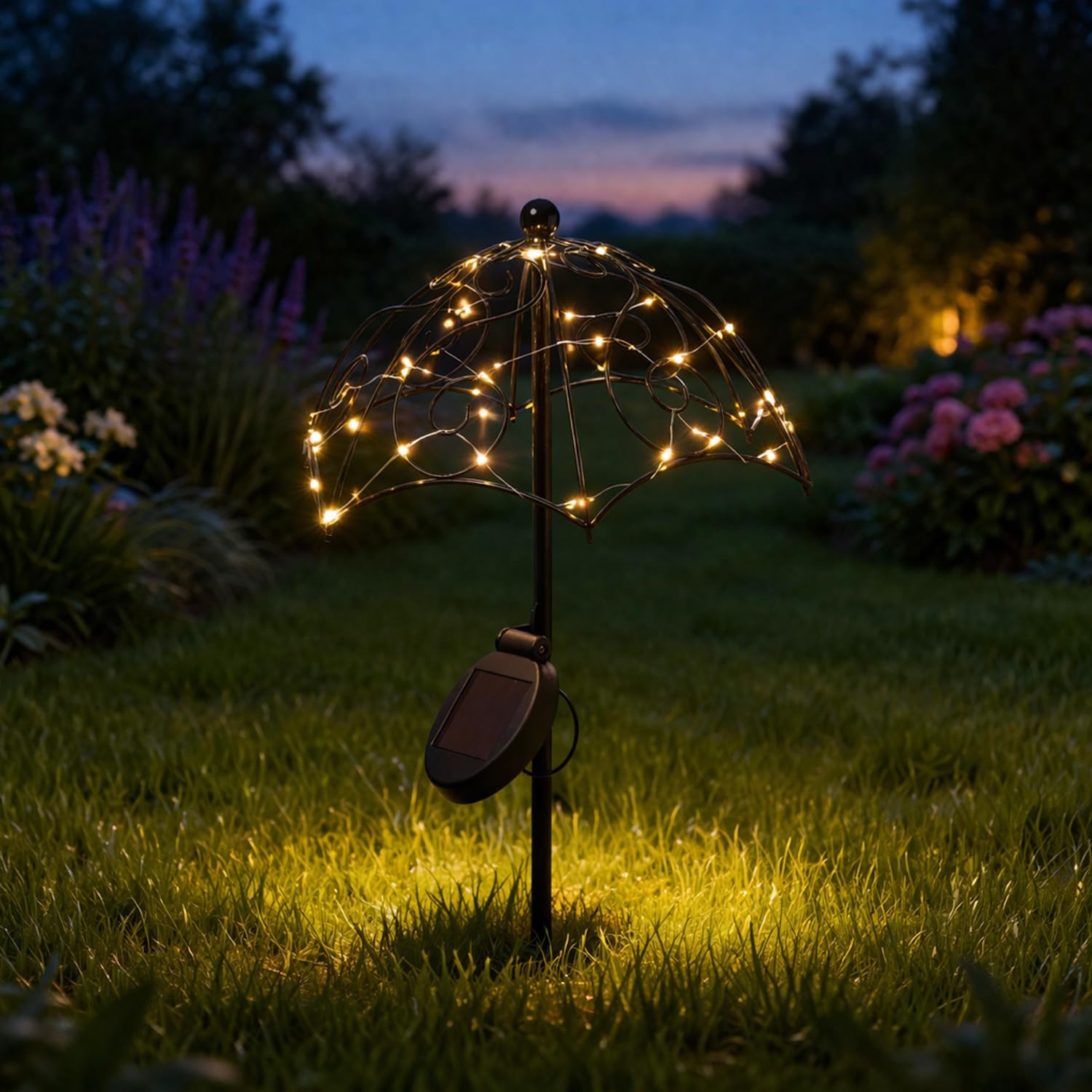 LED Solar Gartenstecker REGENSCHIRM - 35 warmweiße LED - H: 69cm - Lichtsensor - schwarz