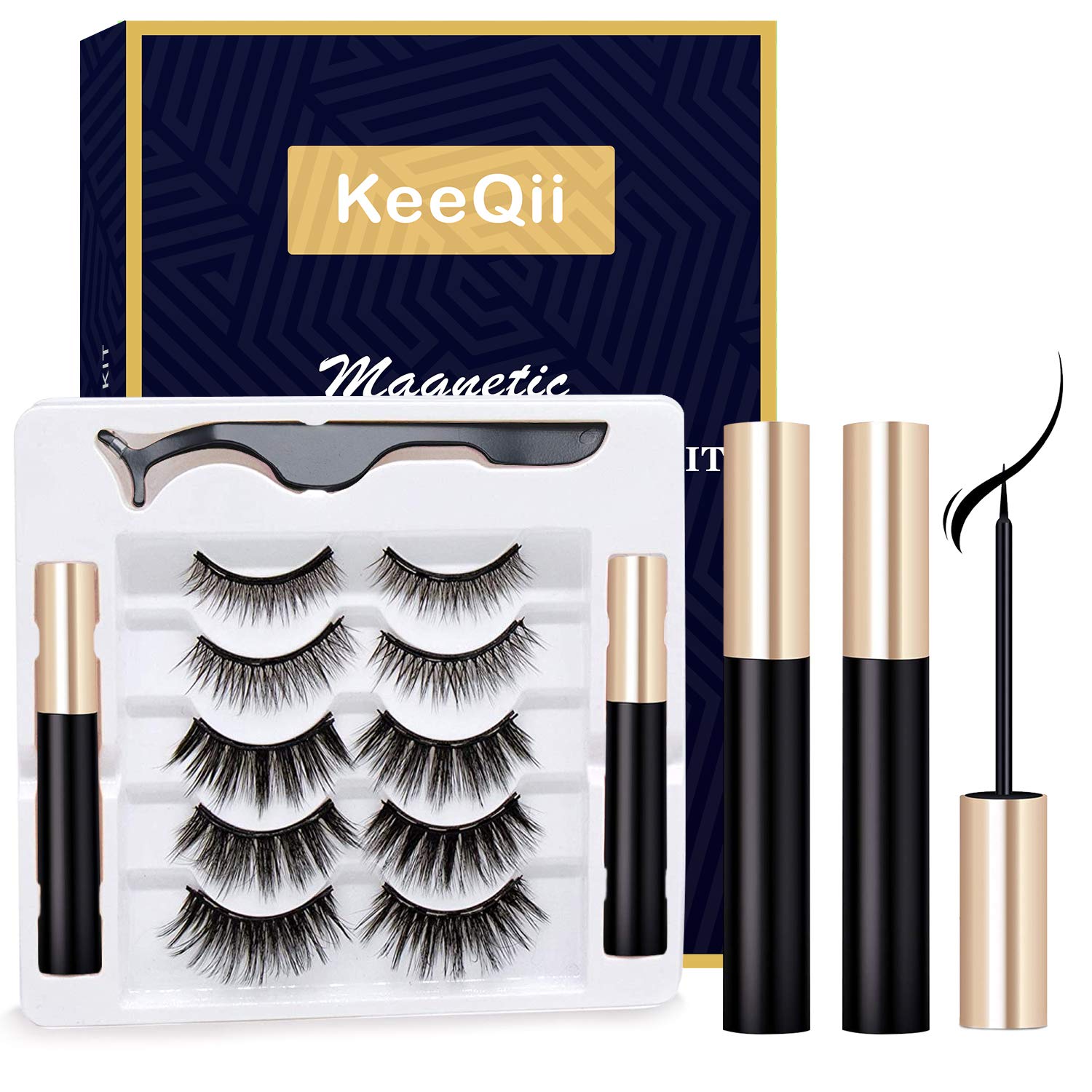 KeeQii Magnetic Eyelashes with Eyeliner Kit, 4 Pairs Magnetic Eyelashes and Eyeliners with Natural Look,Reusable Magnetic Eyelashes with Tweezers Inside,Waterproof and No Glue Needed