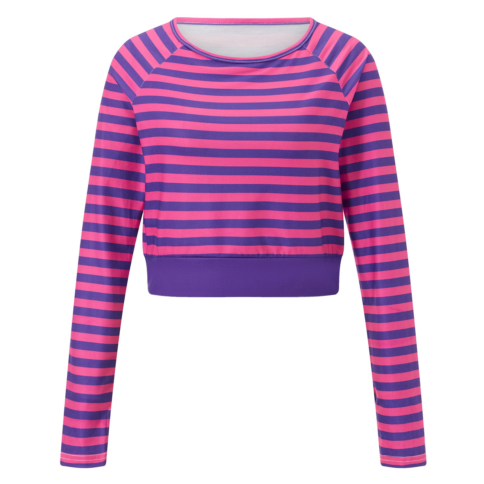 SANSIWU Women's Halloween Cheshire Cat Top Pink Purple Striped Long Sleeve Crop Tops Halloween Cheshire Cat Costume for Cosplay Party (Purple, S)