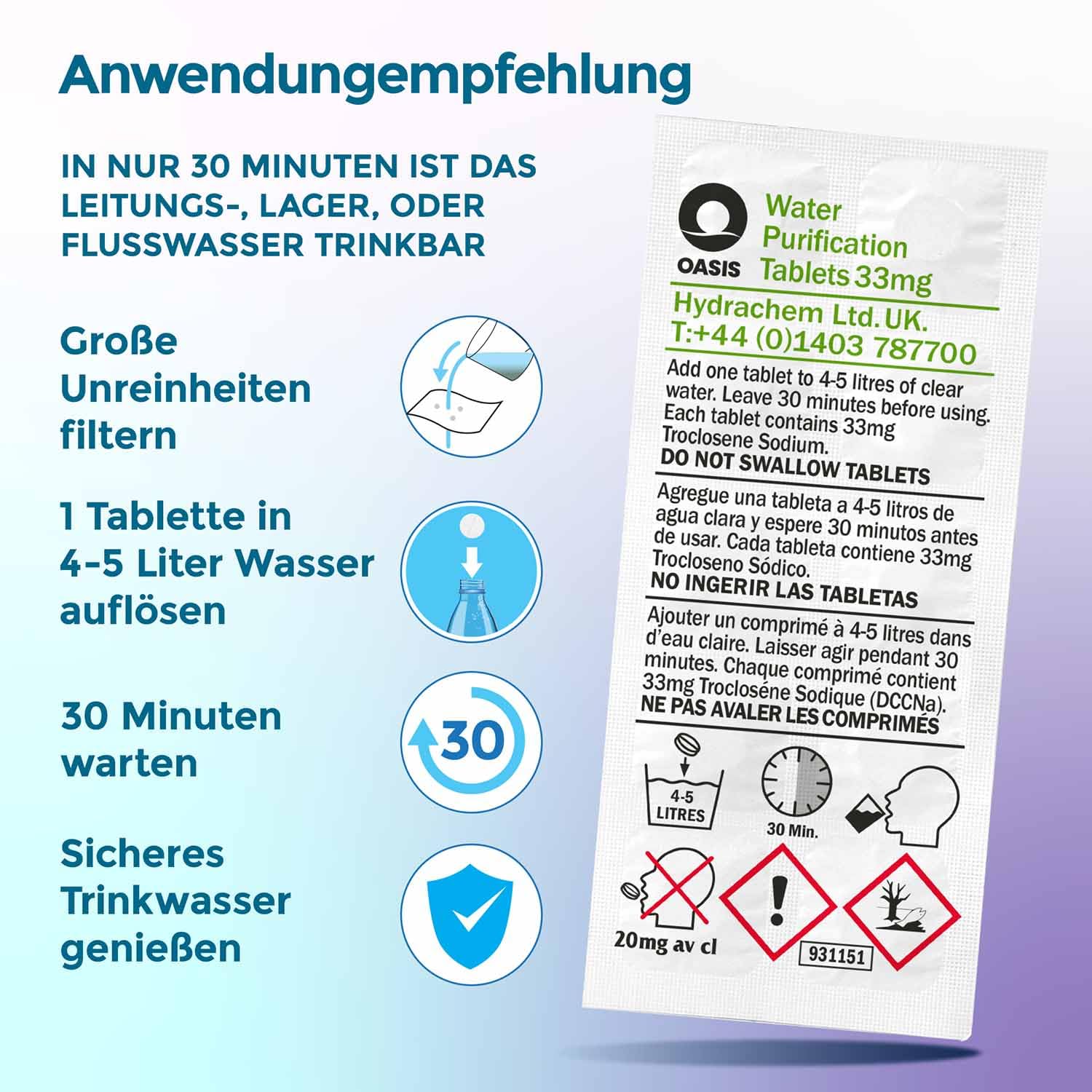 Wicked Chili Wasseraufbereitung Trinkwasser (120 Tabletten) Wasserentkeimung & Trinkwasseraufbereitung je 4-5 Liter, Notfall Reise Ausrüstung, Tabletten für Blackout, Notfallrucksack, Reiseapotheke