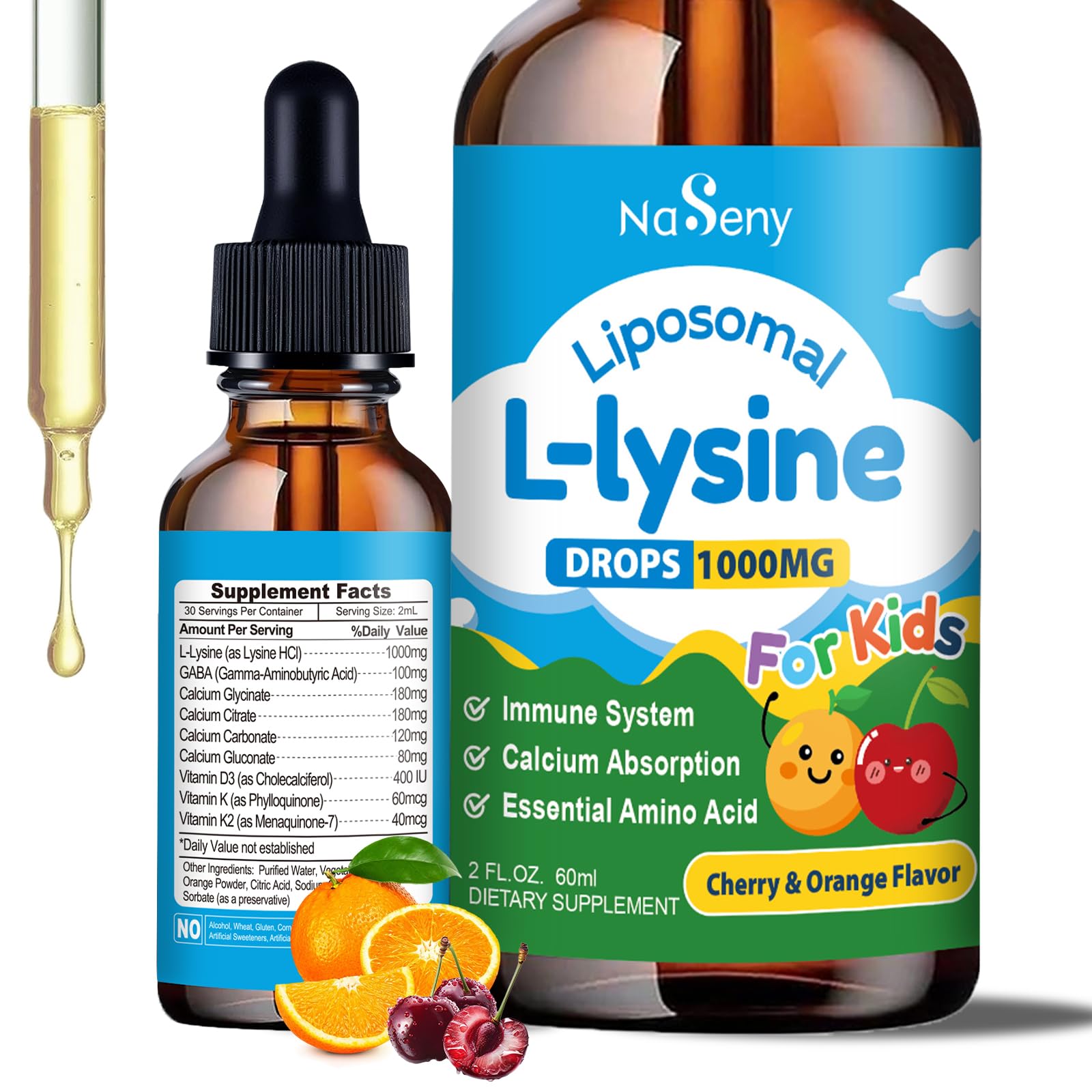 L-Lysine 1000MG Liquid Drops for Kids & Adults, Immune, Lips & Skin