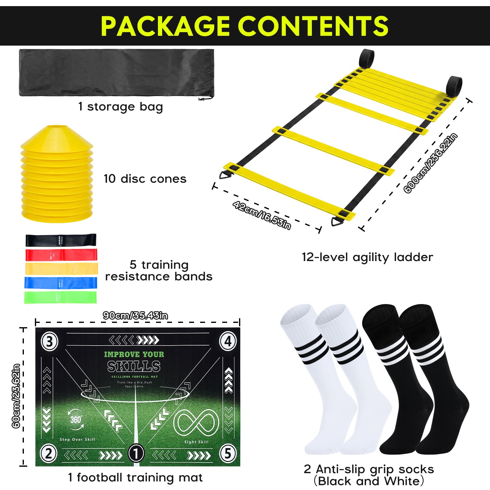 Fussball Trainingszubehör, Fußball Trainingsset mit Fußballmatte 90×60cm 6m Koordinationsleiter, 5 Widerstandsbändern, 10 Hütchen, 2 Paar Sportsocken Fußball Geschenke für Jungs Kinder