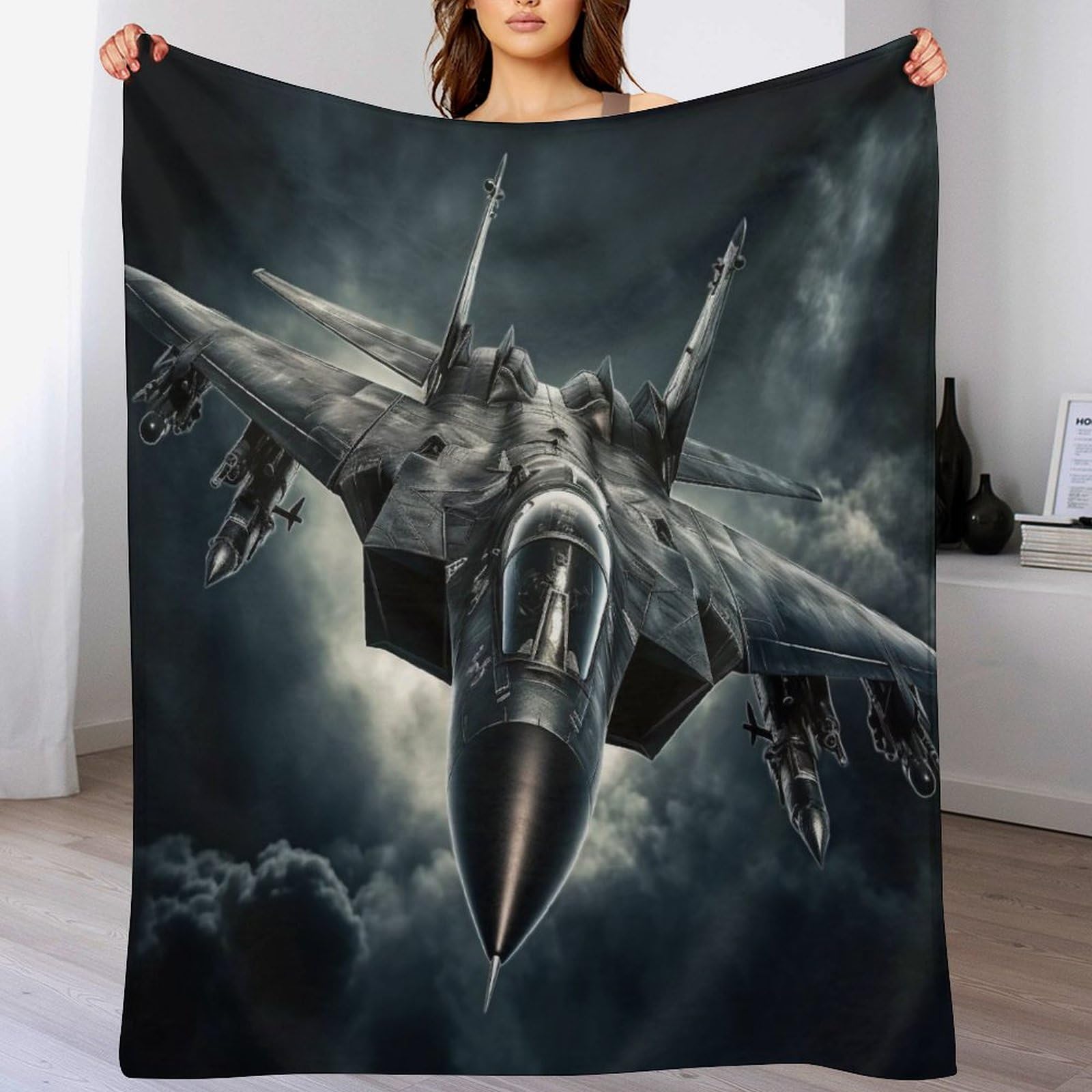 Plaid avion de combat en flanelle polaire chaude pour canapé et camping