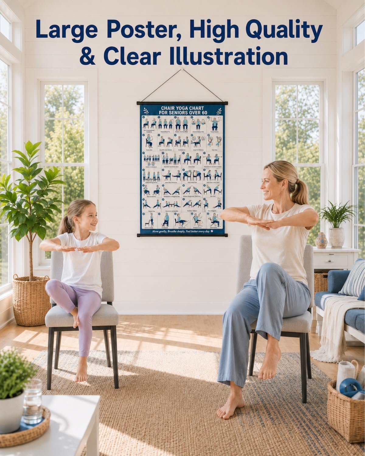 Chair Yoga Exercise Wall Poster & Workout Chart for Seniors & Beginners | 31 Seated Poses; Large 16×24 Inch Poster; Clear Illustrations; Laminated Canvas; Included Hanging Rod & Cord