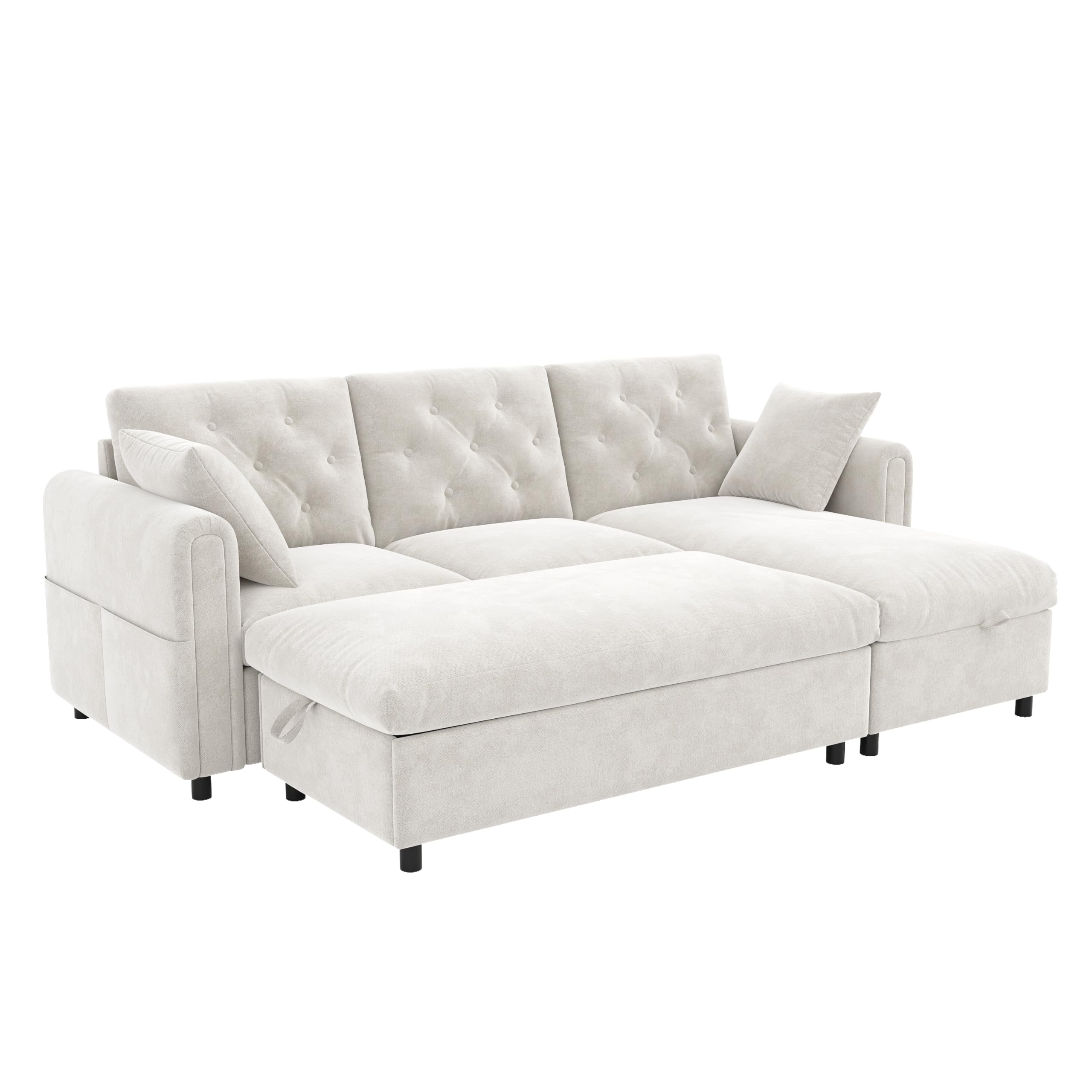 Moimhear Sofá de terciopelo con chaise longue intercambiable, color beige, 219 x 131 x 86 cm, reposapiés, bolsillos para revistas, cierre con botones