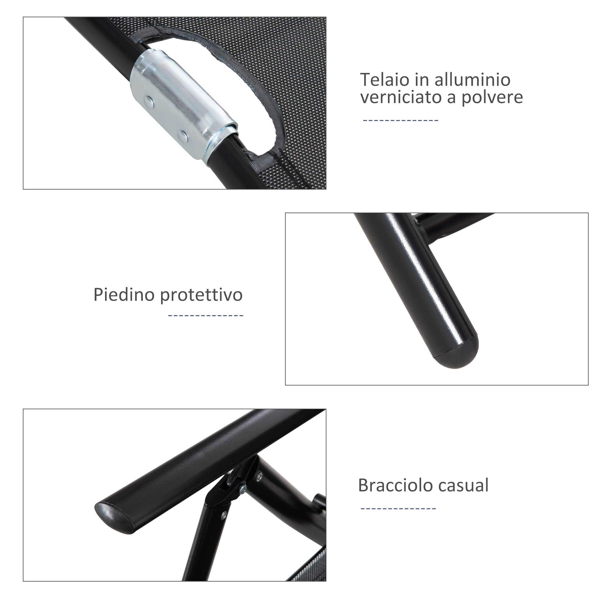 Outsunny Set 2 Sedie Sdraio da Giardino Pieghevoli in 7 Posizioni Nere | Schienale Regolabile, Lettino Prendisole, Sdraio da Spiaggia, Alluminio, Rete Traspirante