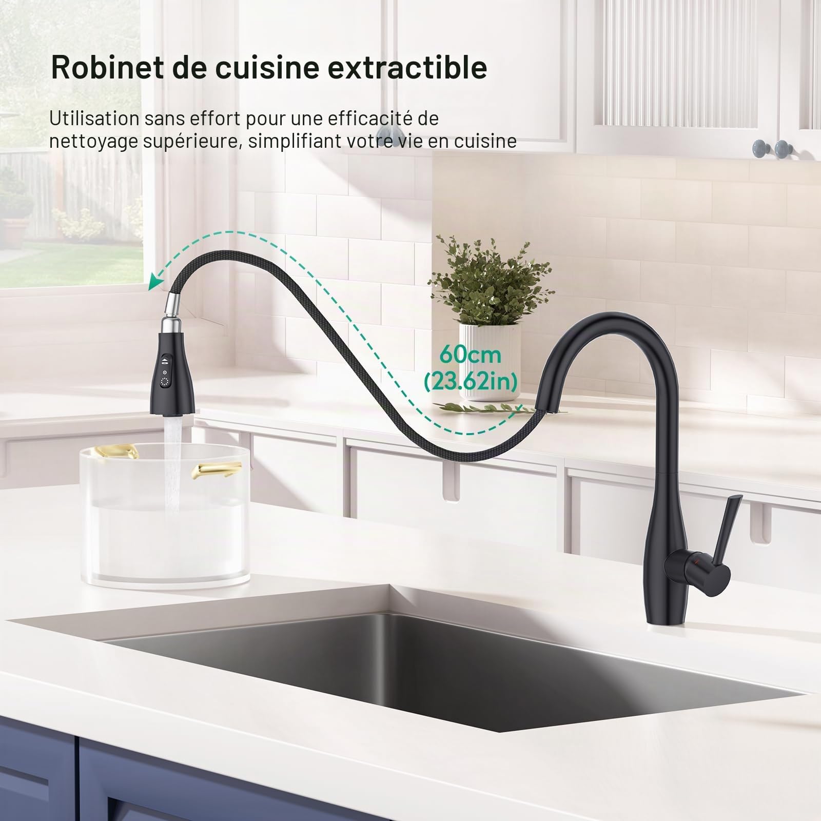 CREA Robinet de Cuisine, Robinet Cuisine avec Douchette Extensible, Robinet Cuisine Mitigeur avec 3 Modes de Jet, Robinet Évier Cuisine Rotatif à 360°, Noir Mat