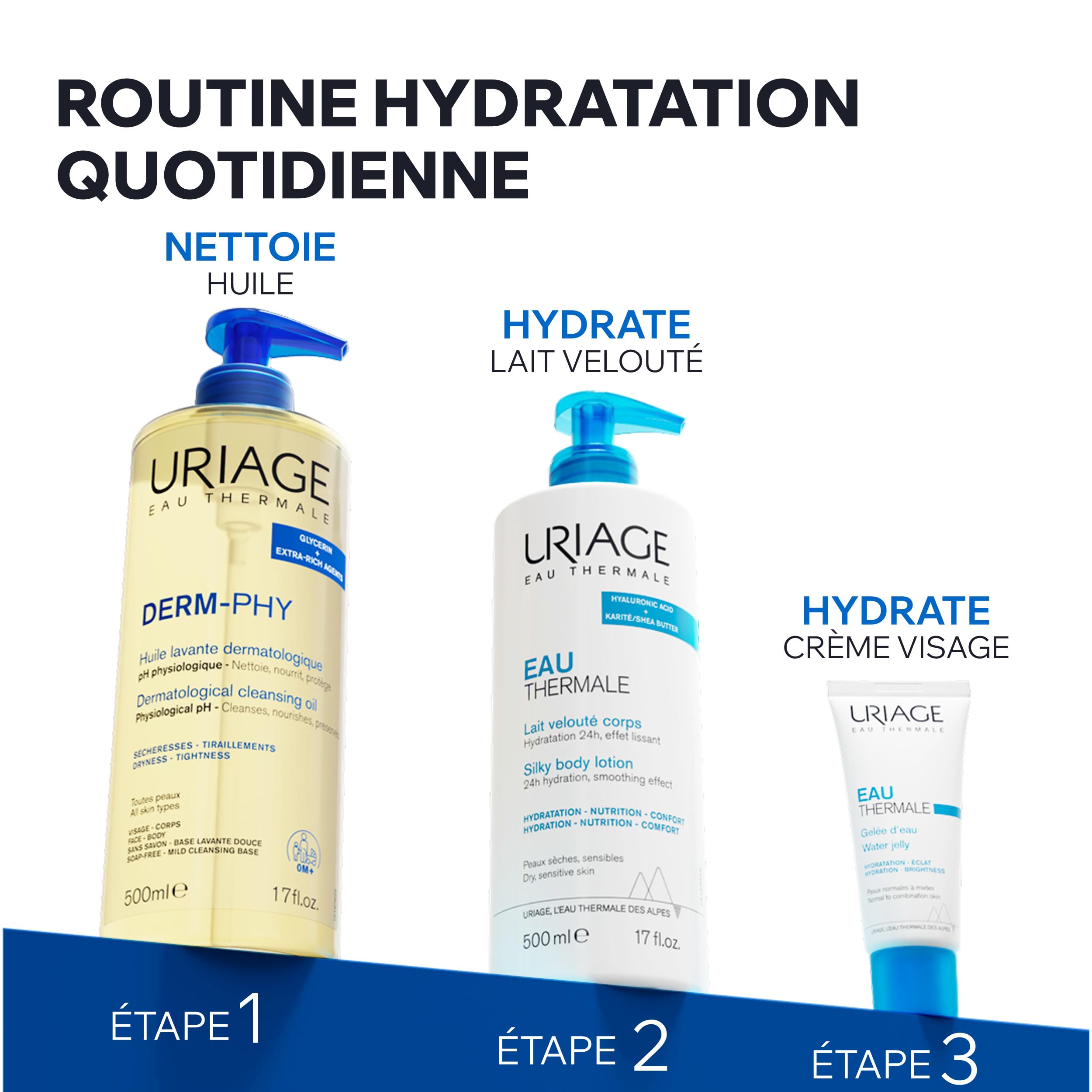 Uriage Derm-Phy Huile de Douche 1L - Nettoyant Visage, Corps - Peaux Sèches, Sensibles - Nettoie, Nourrit, Prévient le Dessèchement - 25% Glycérine, Agents Extra-Riches - pH Physiologique - Sans Savon