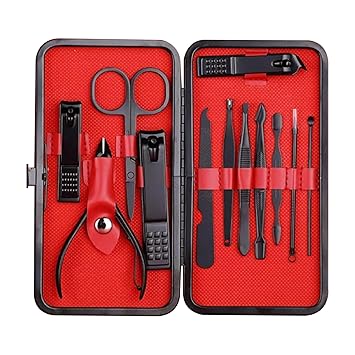 HOMEBASIC 12-Piece Manicure Pedicure Grooming Kit with Travel Case| Stainless Steel Nail Care Set of Clippers, Scissors, Acne Needle, Blackhead Removal Tool for Hand, Foot, Facial Care, Men/ Women Gift - image, photos