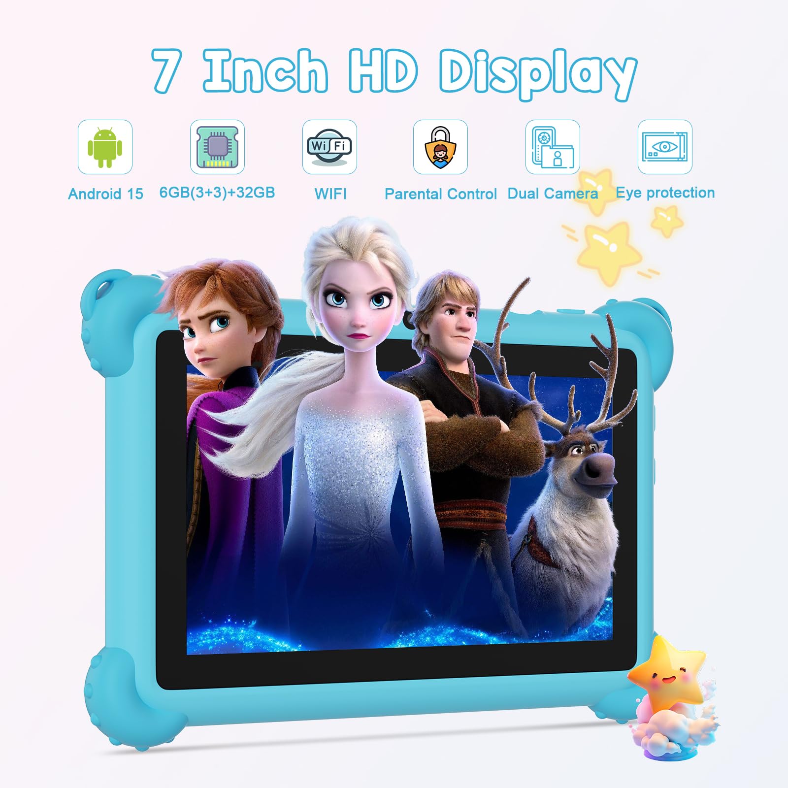 C idea, tablet per bambini, Android 15, 7 pollici, 1024 x 600, 6 GB (3 + 3) RAM + 32 GB ROM, batteria 2500 mAh, app per bambini preinstallate, compatibile con Wi-Fi e Bluetooth (blu)